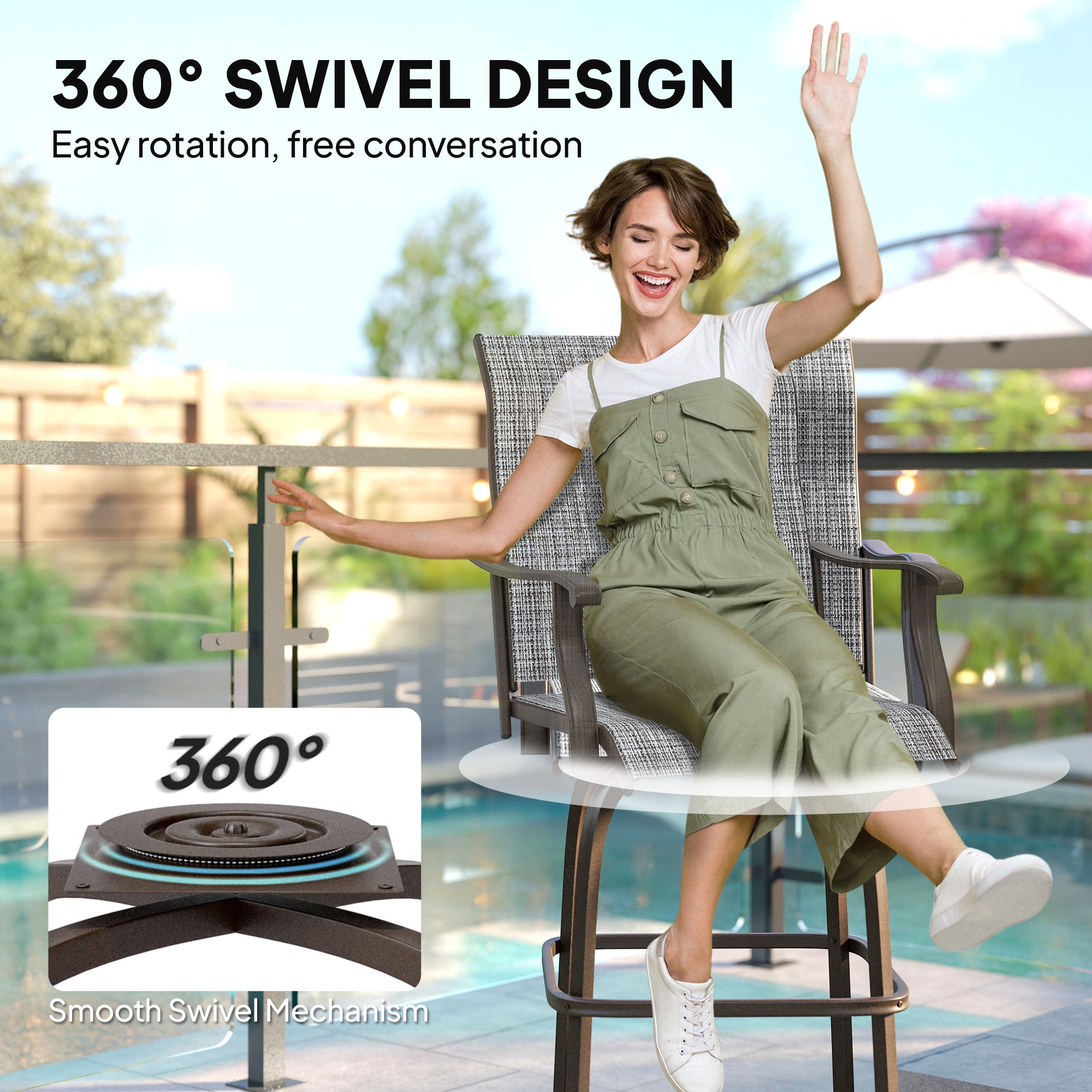 Outdoor Bar Stools Set of 2, Swivel Bar Height Chairs with High Back, Curved Armrests and Steel Frame, Mixed Grey