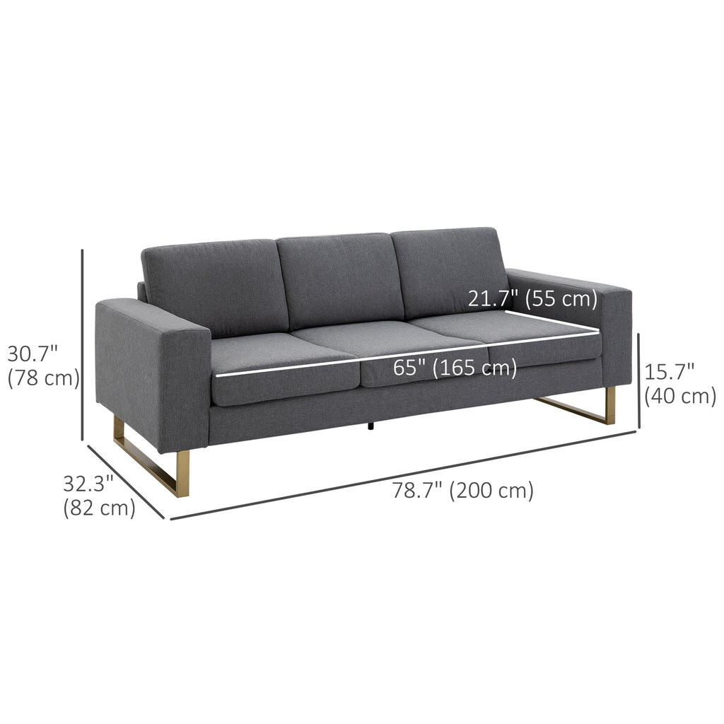 3 Seater Sofa, Linen Upholstered Cozy Padded Couch with Steel Leg, Backrest and Wide Armrest, for Living room, Bedroom, Dark Grey