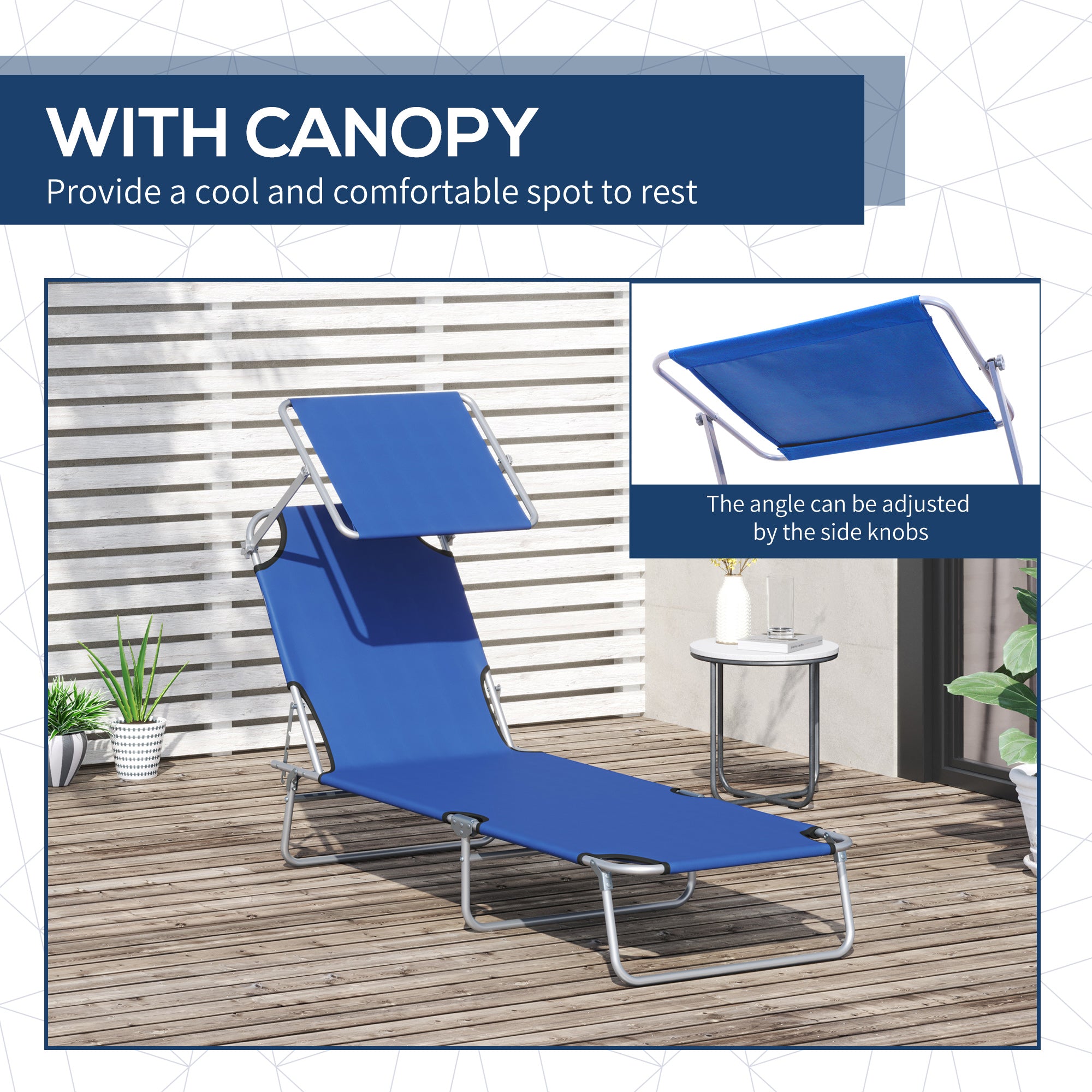Outdoor Lounge Chair, Adjustable Folding Chaise Lounge,  Tanning Chair with Sun Shade for Beach, Camping, Hiking, Backyard, Blue