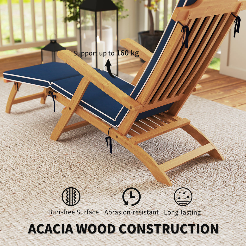 Folding Patio Lounge Chair with Padded Cushion, Acacia Wood Patio Lounger Recliner with Footrest for Garden, Navy Blue