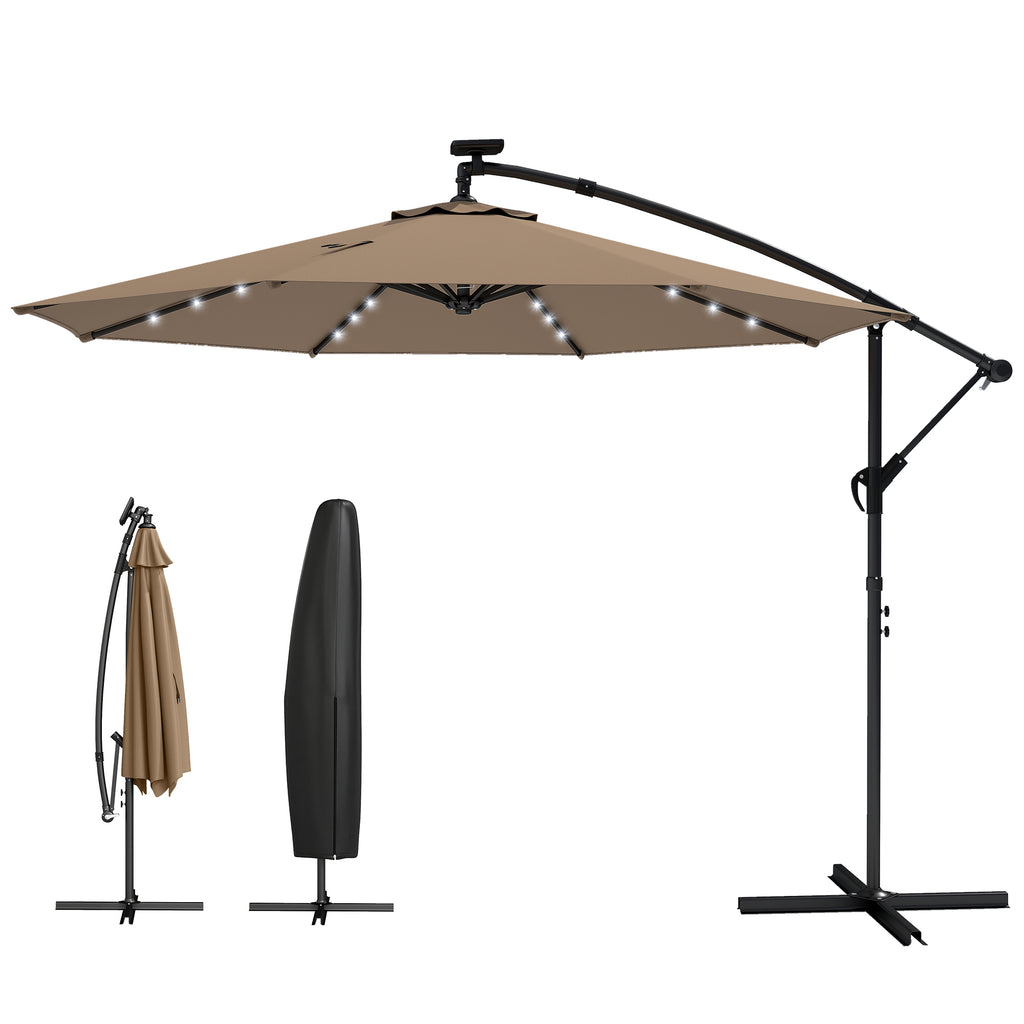 9.7 ft Cantilever Patio Umbrella with Solar Light, Garden Hanging Parasol with Cover, Tilt, Crank, Khaki