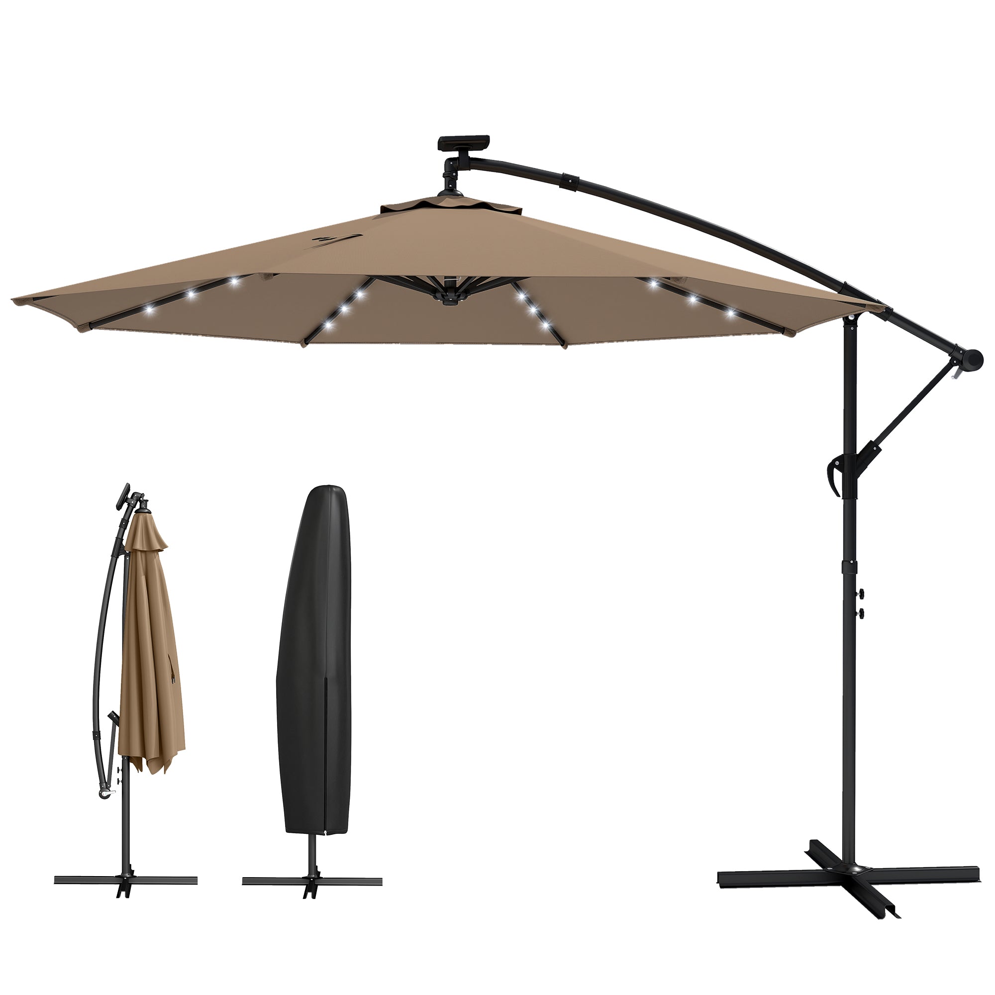 9.7 ft Cantilever Patio Umbrella with Solar Light, Garden Hanging Parasol with Cover, Tilt, Crank, Khaki