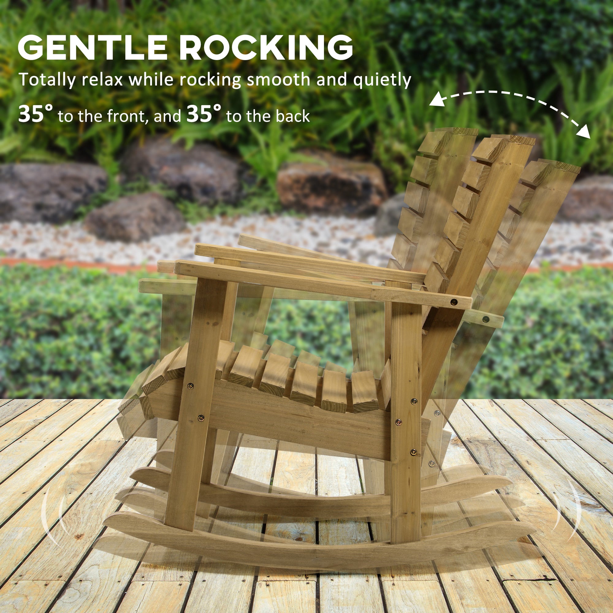Wooden Outdoor Rocking Chair, Patio Traditional Rocking Chair, Slatted Structure Porch Rocker w/ Armrest for Both Outdoor and Indoor, Light Brown