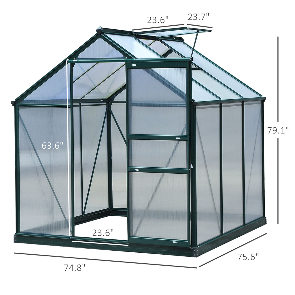 6.2' x 6.3' x 6.6' Clear Polycarbonate Greenhouse Large Walk-In Green House Garden Plants Grow Galvanized Base Aluminium Frame w/ Slide Door