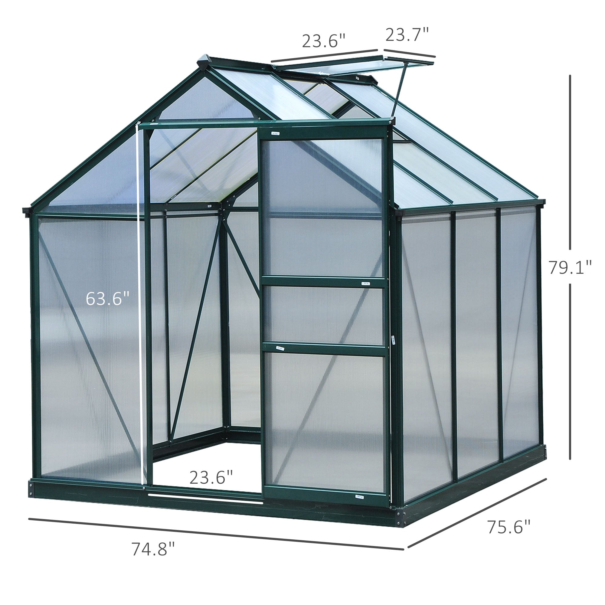 6.2' x 6.3' x 6.6' Clear Polycarbonate Greenhouse Large Walk-In Green House Garden Plants Grow Galvanized Base Aluminium Frame w/ Slide Door
