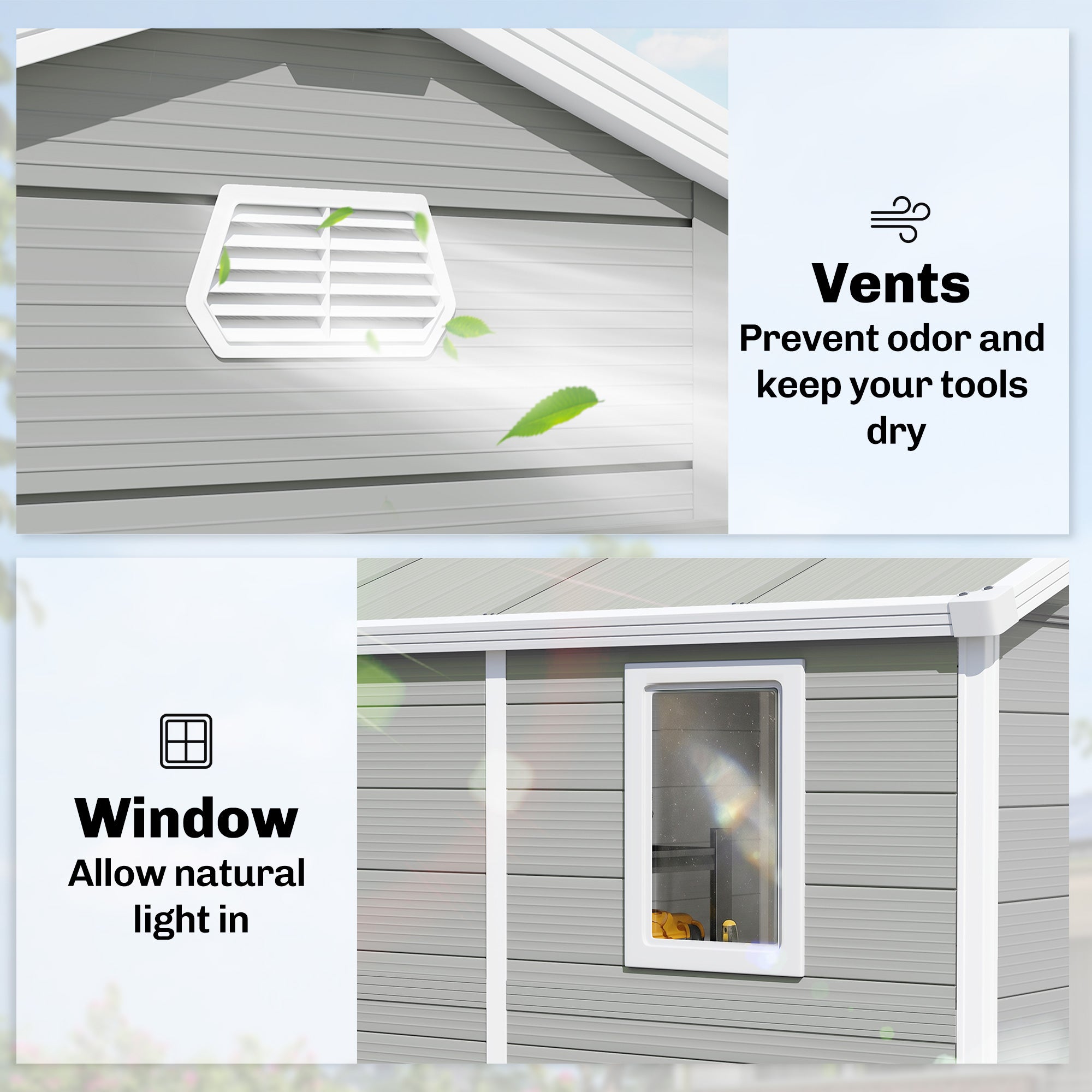8' x 6' Plastic Garden Storage Shed with Latch Door, Vents, Sloped Roof, Light Grey