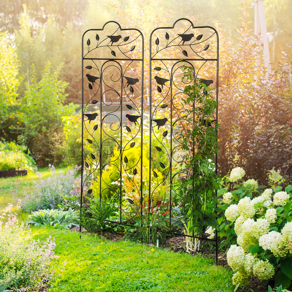 2 Pack Garden Trellis for Climbing Plants, Outdoor Metal Grid Panels with Birds and Leaves, for Roses, Vine Flower, Cucumber, Clematis, 59" Tall
