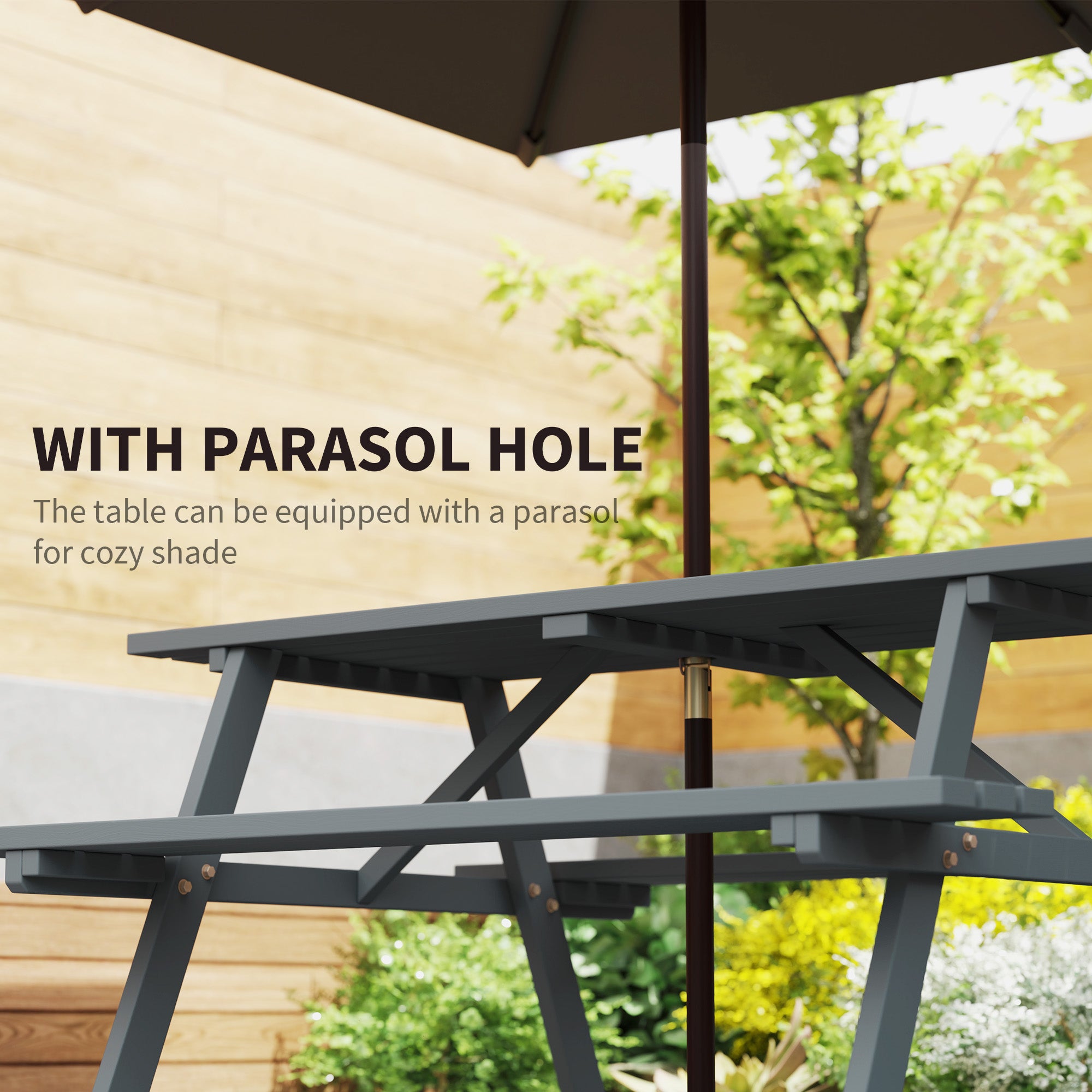Wood Picnic Table, Camping Table and Bench Set with Umbrella Hole for Outdoor, Garden, Patio, Backyard, Grey