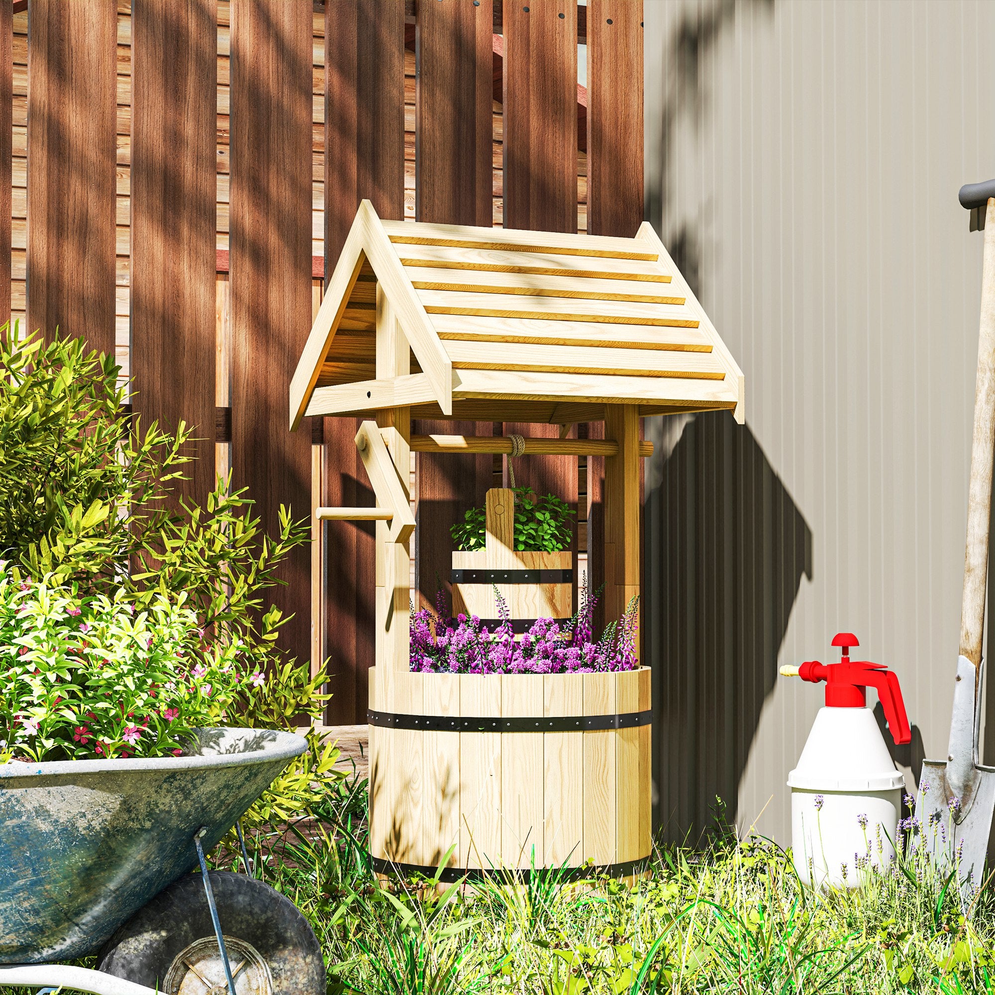 Wood Wishing Well Outdoor Wooden Planter with Hanging Bucket and Drainage Hole for Garden, Patio, Backyard, Natural