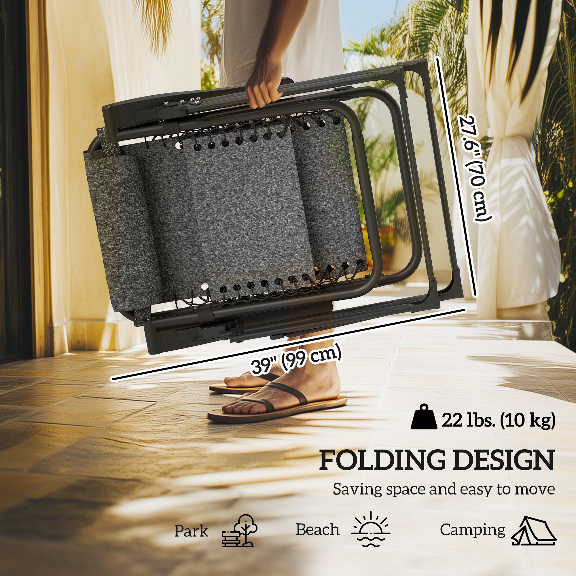 Padded Folding Recliner Chair, Patio Lounger with Cupholder, Adjustable Backrest, Removable Cushion, Grey
