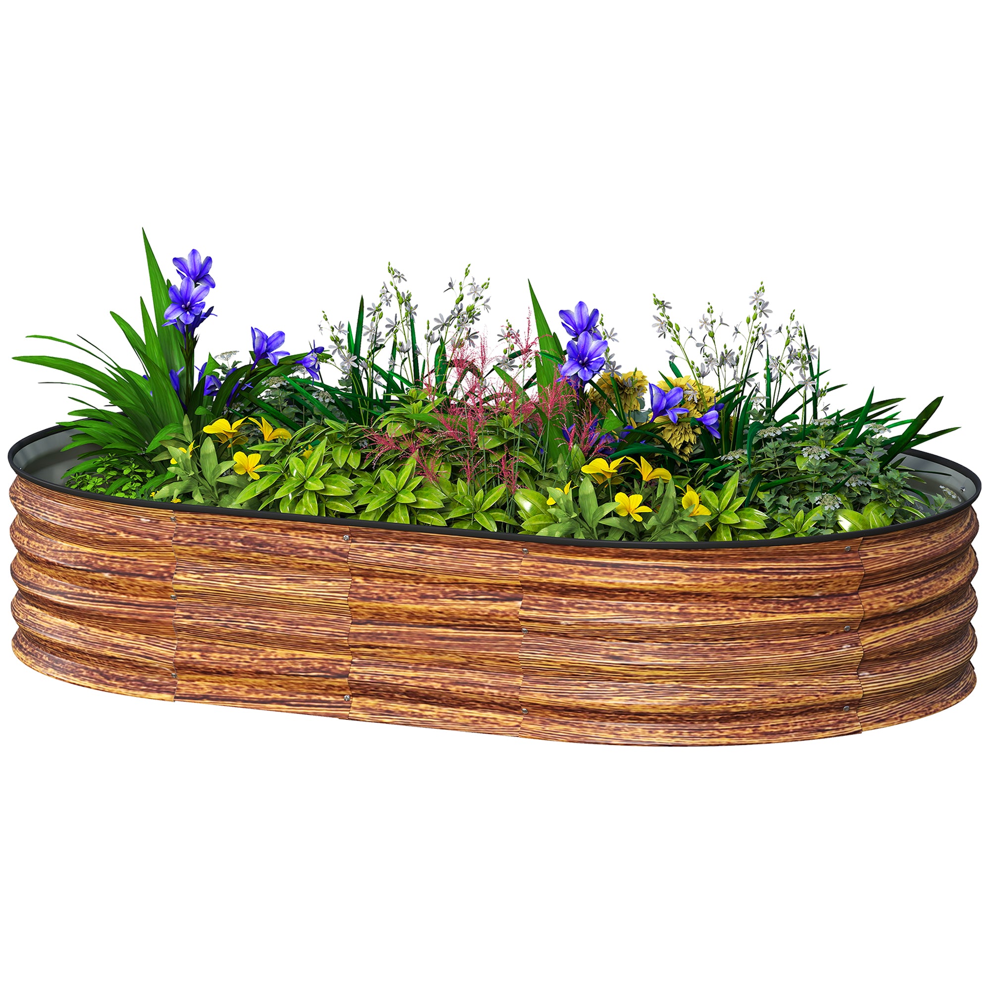 5' x 3' x 1' Large Outdoor Planter Box, Galvanized Raised Garden Bed with Metal Plant Stake, Brown Wood Effect