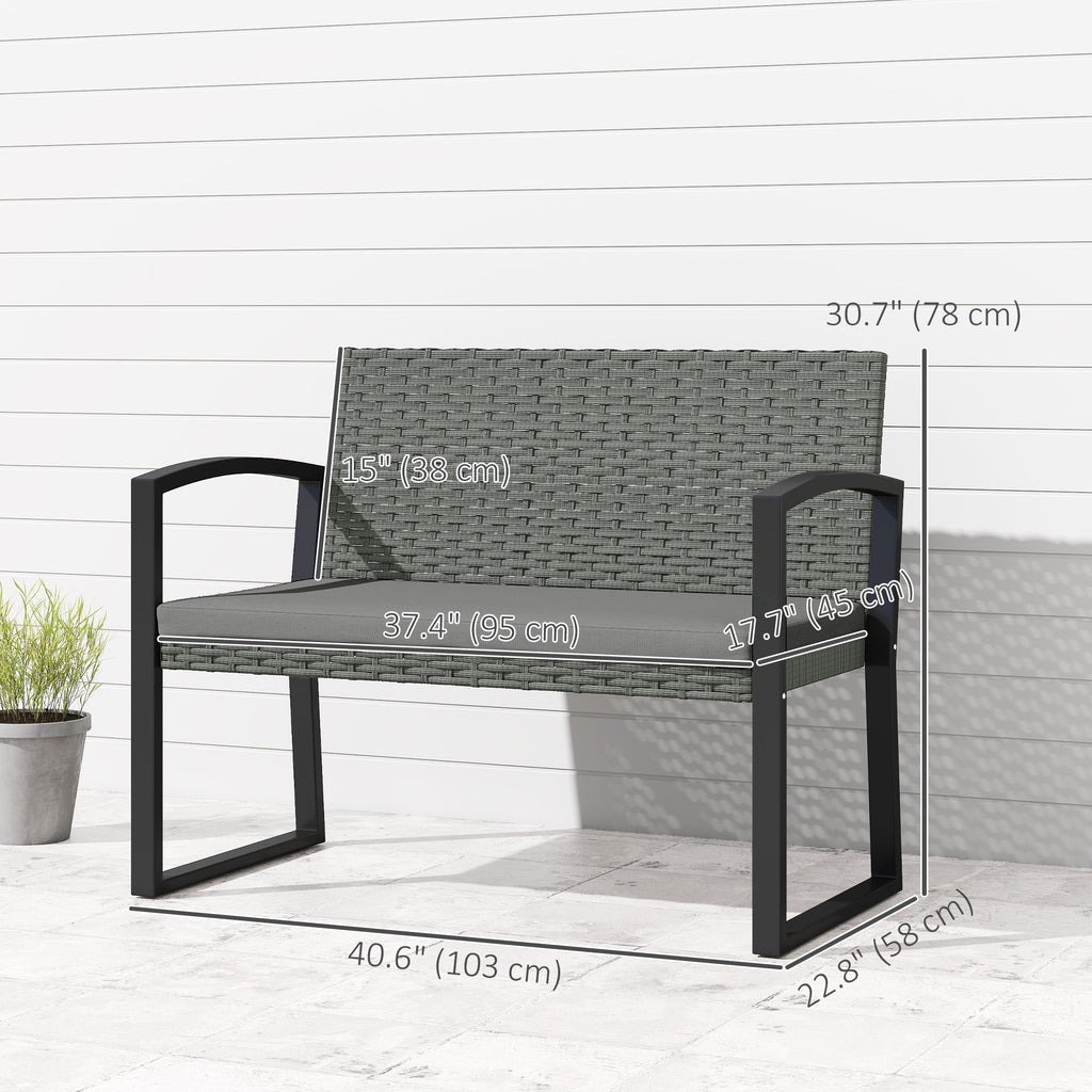 2 Seater Outdoor Bench, Rattan Garden Bench Loveseat with Cushion, Armrests, Steel Frame for Patio, Porch, Light Grey