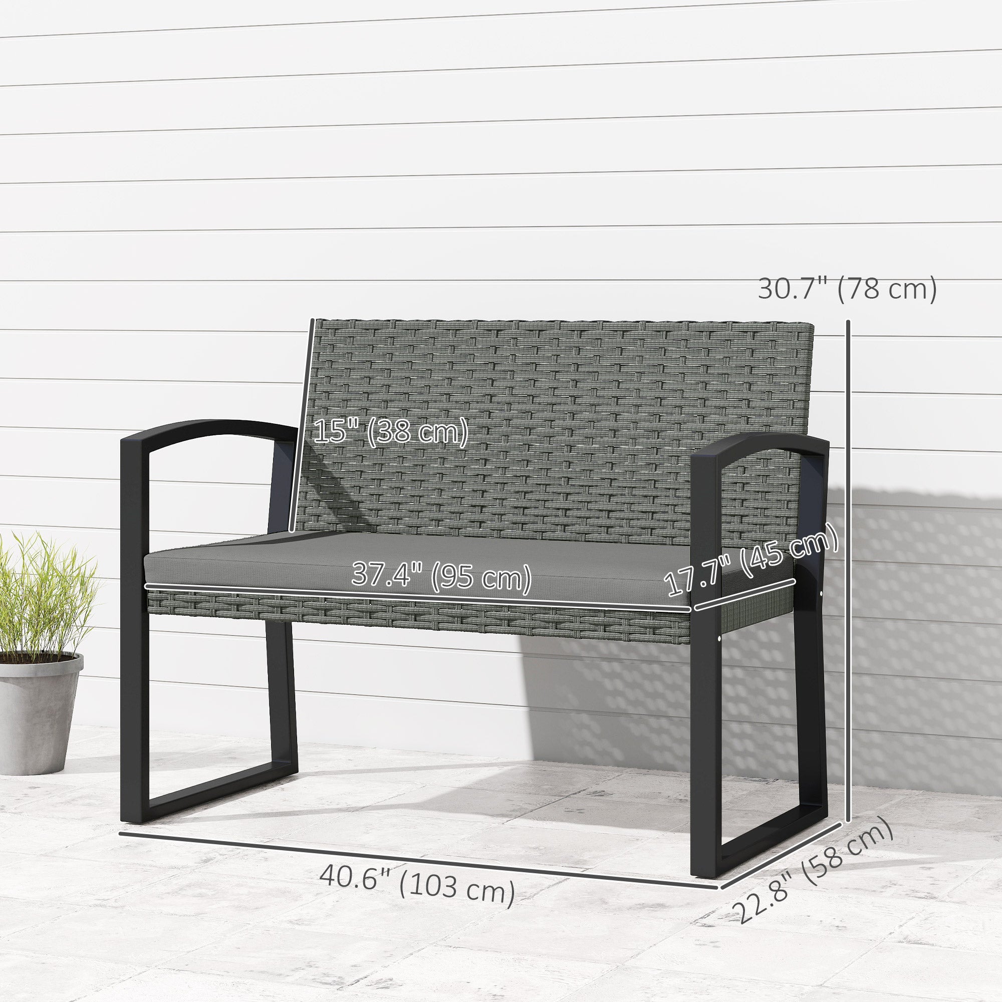 2 Seater Outdoor Bench, Rattan Garden Bench Loveseat with Cushion, Armrests, Steel Frame for Patio, Porch, Light Grey