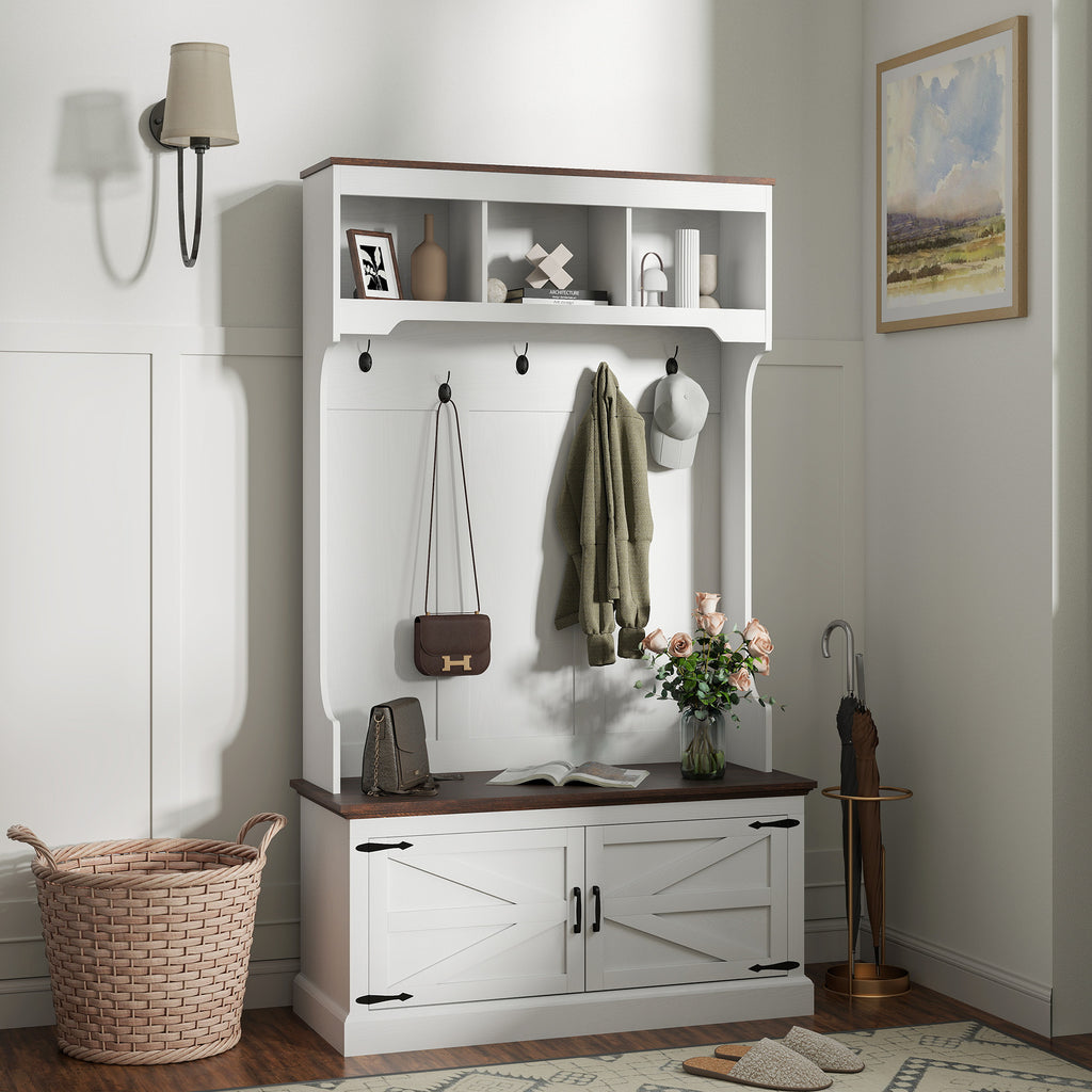 3-in-1 Hall Tree with Bench, Coat Rack with Shoe Storage, White Wood Grain