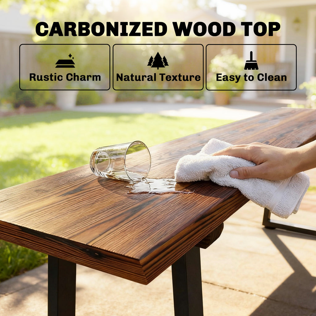 Wood Outdoor Bench for 2 People, 59" Backless Patio Garden Bench with Trapezoidal Steel Legs