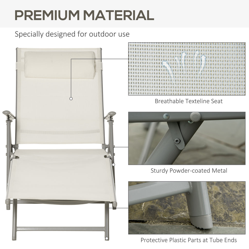 Lounge Chair Outdoor, Folding Patio Chaise Lounger, 360 lbs 7-Position Adjustable Back Outdoor Recliner with Cushion, Headrest for Garden, Backyard, Poolside, Cream White