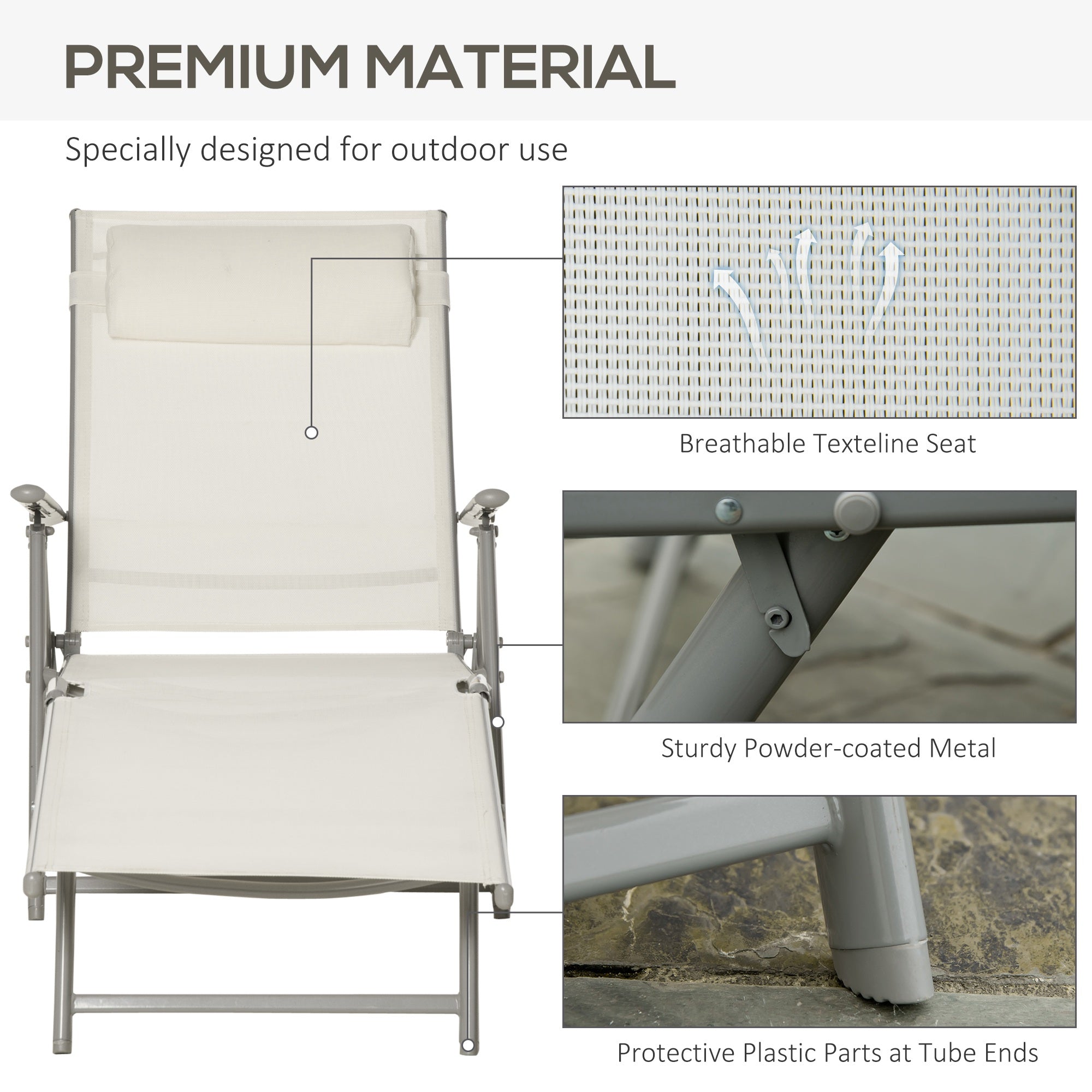 Lounge Chair Outdoor, Folding Patio Chaise Lounger, 360 lbs 7-Position Adjustable Back Outdoor Recliner with Cushion, Headrest for Garden, Backyard, Poolside, Cream White