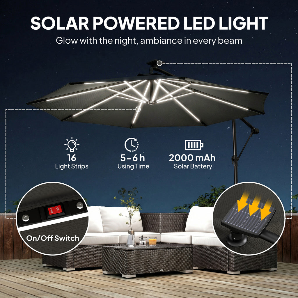 10 ft Offset Patio Umbrella with Solar Light, Garden Hanging Parasol with 360Â° Rotation, Tilt, Cover, Black