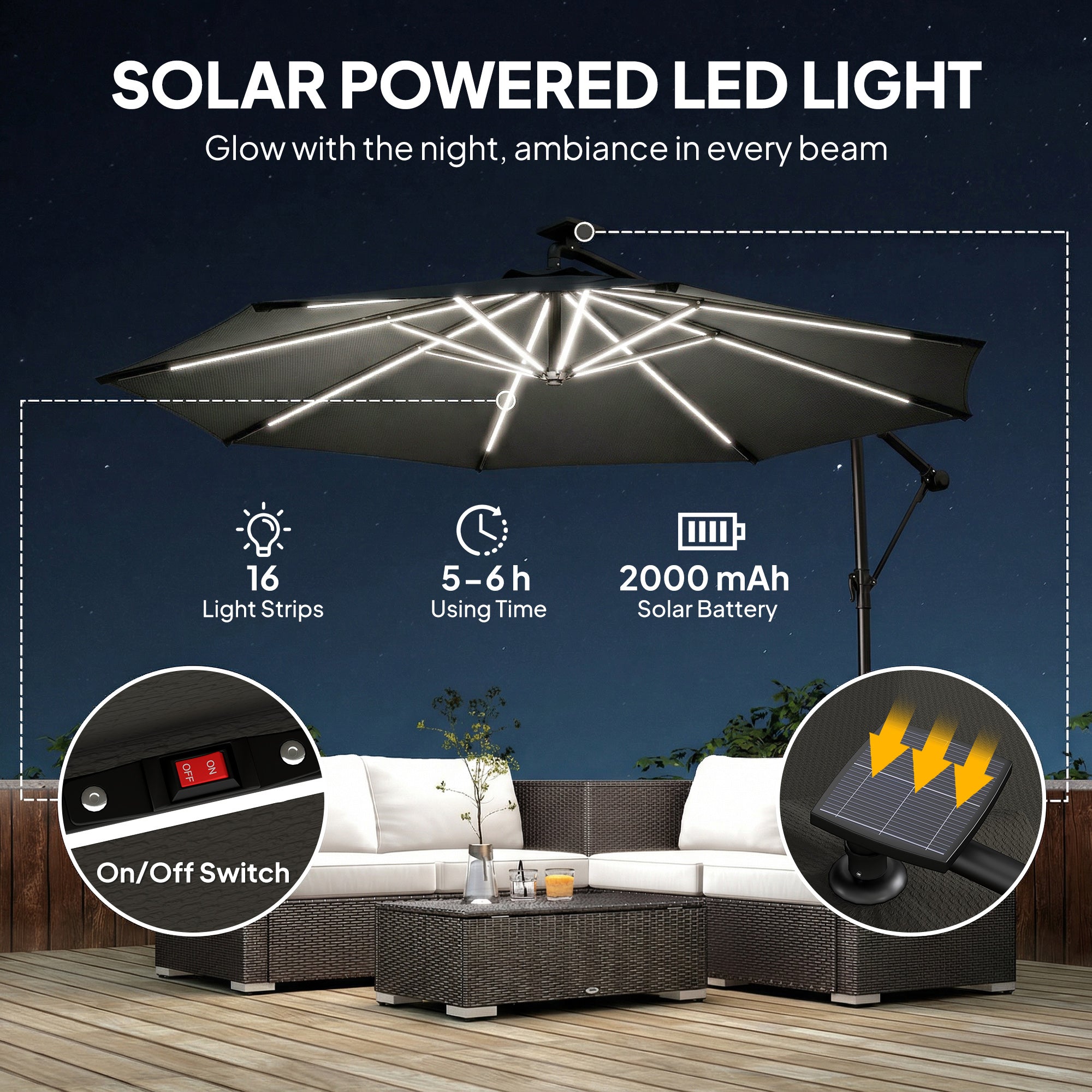 10 ft Offset Patio Umbrella with Solar Light, Garden Hanging Parasol with 360Â° Rotation, Tilt, Cover, Black