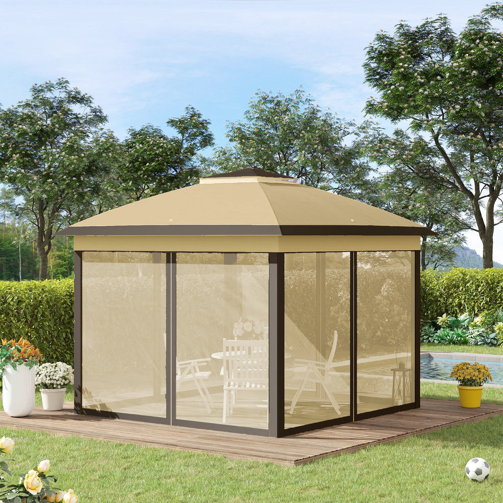 11' x 11' Pop Up Gazebo, Double Roof Foldable Height Adjustable Canopy Tent with Mesh Sidewalls, Carrying Bag, Beige