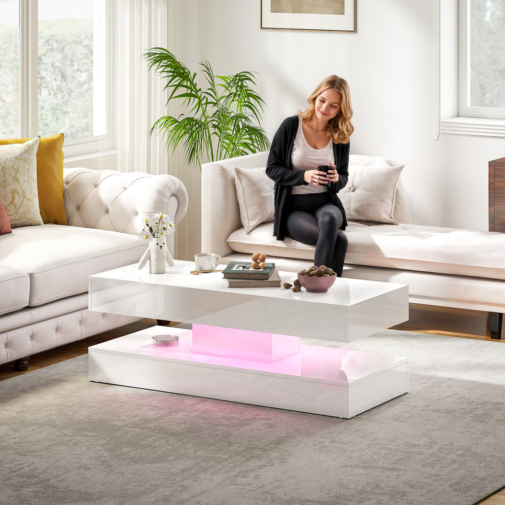 Coffee Table with Adjustable LED Lights, Modern Living Room Table with 2 Drawers, Open Shelf, Remote, High Gloss White