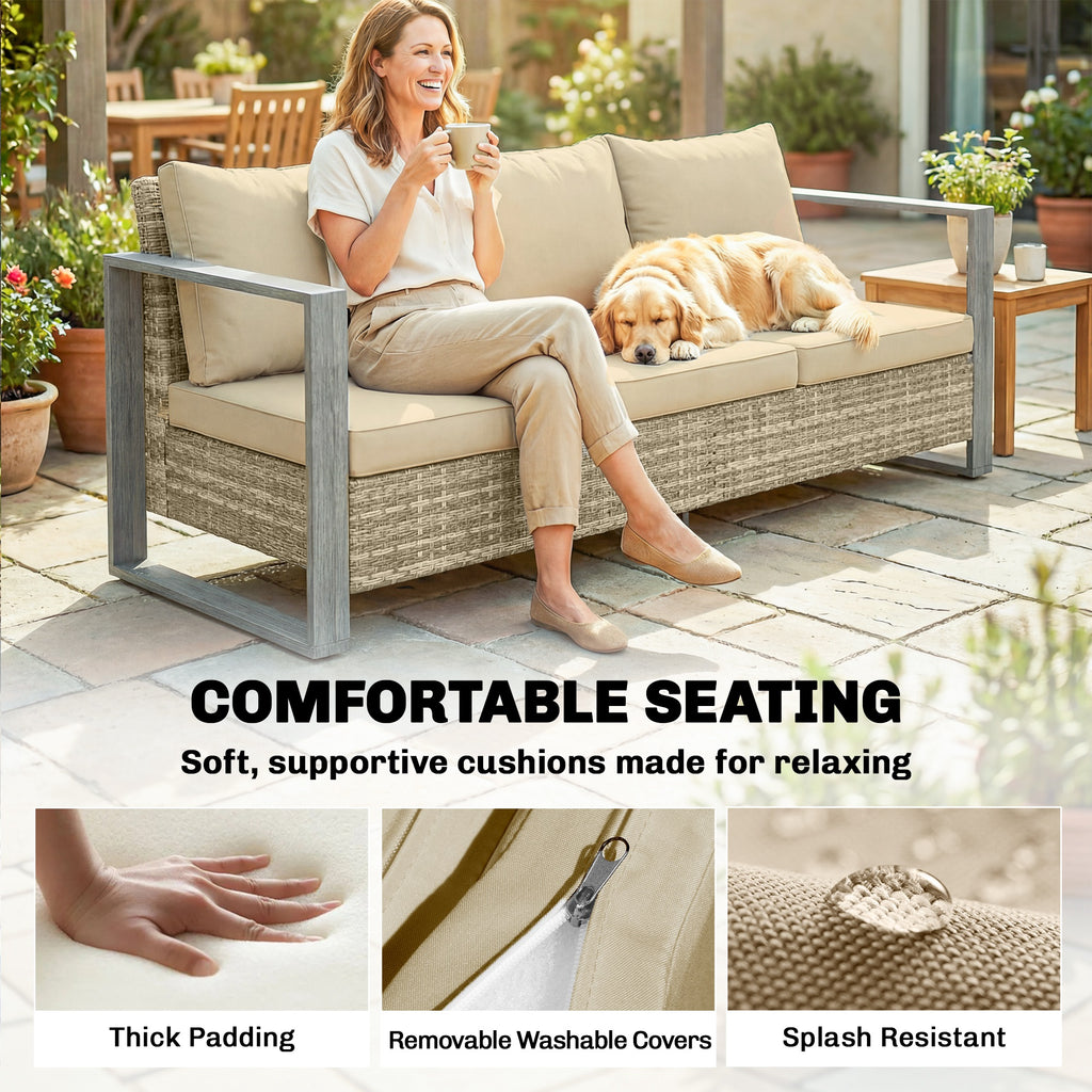 3-Seater Outdoor Couch, PE Wicker Patio Sofa with Deep Seat, Wood-Effect Aluminum Armrests, Cushions, Khaki