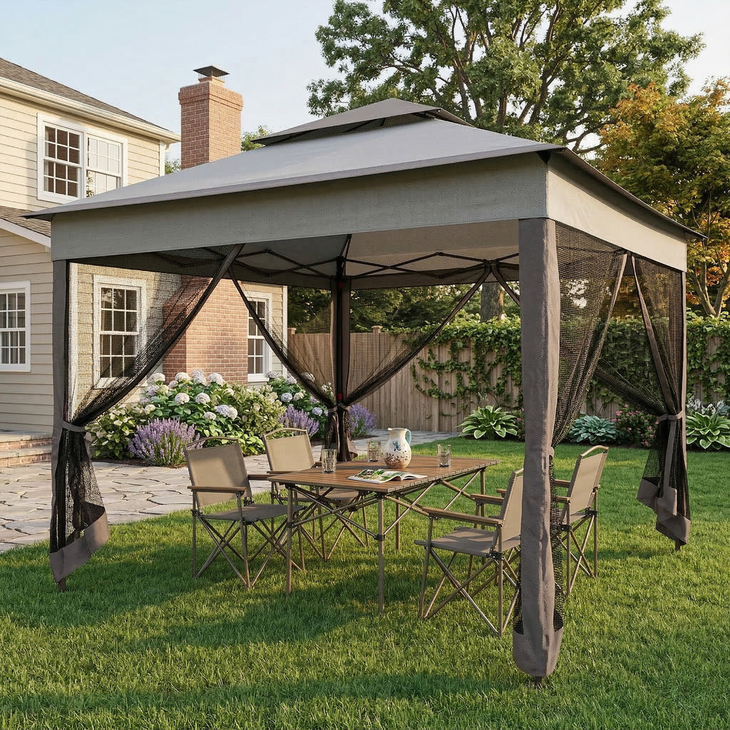 11' x 11' Pop Up Gazebo 2-Tier Soft Top Shelter Event Tent w/ Netting Carry Bag for Patio Backyard Garden, Mixed Grey