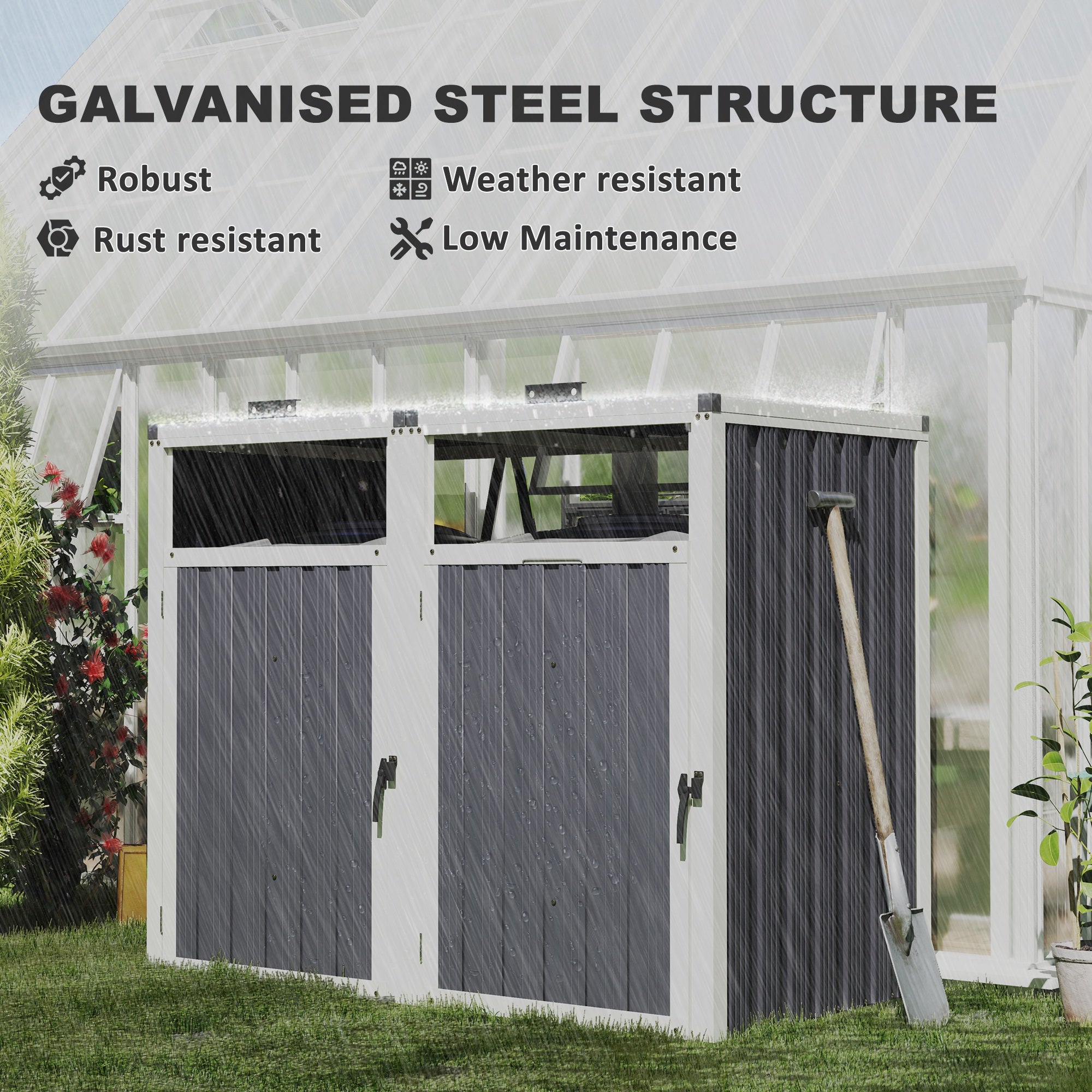 Double Garbage Bin Shed, Lockable Outdoor Storage Shed with Openable Lid, Galvanized Frame for Garden Patio, Dark Grey