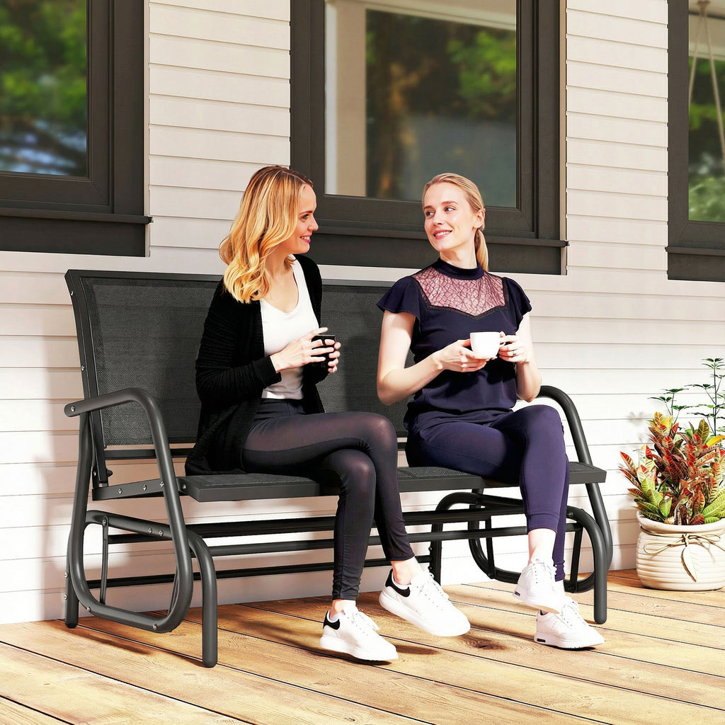 Outdoor Glider Bench, 2 Seater Garden Patio Glider Chair with Sling Fabric Seat, Steel Frame, Black