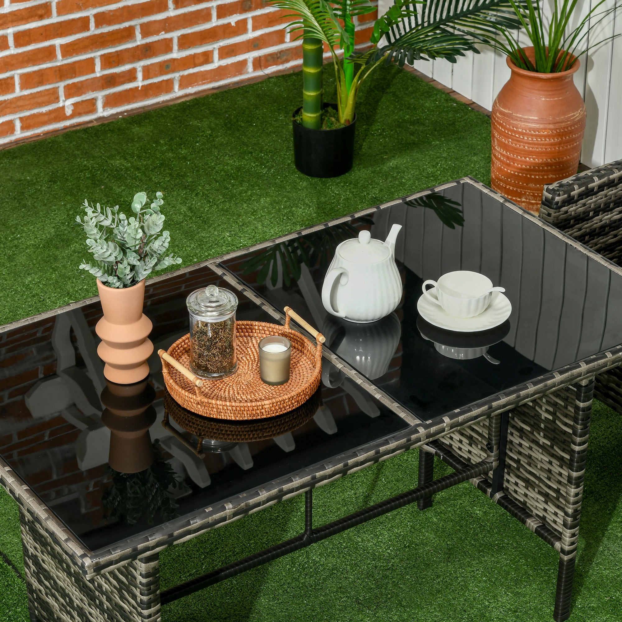 6-Piece Outdoor Patio Furniture Set with Chairs, Ottomans, Sofa, Glass Top Coffee Table and Cushions, Wicker Rattan Conversation Set for Backyard and Porch, Grey