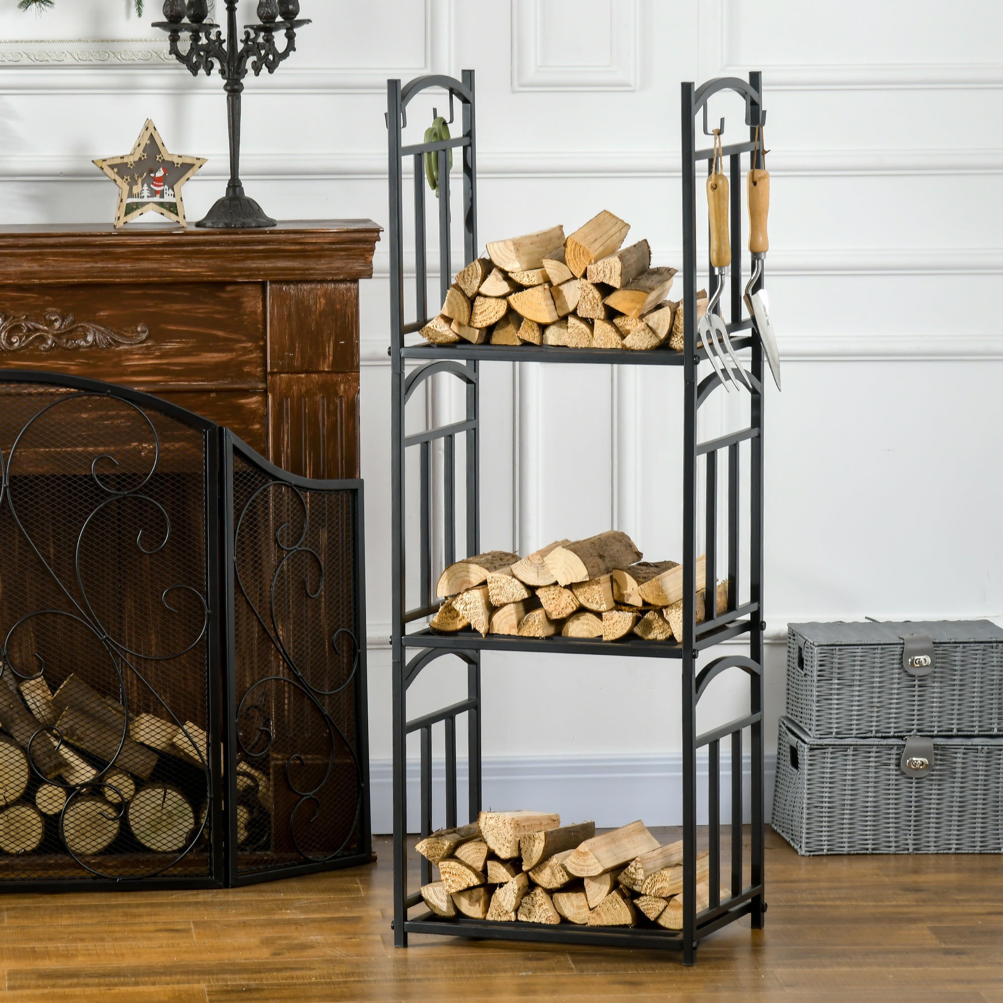 3-Tier Firewood Rack Heavy Duty Wood Storage Log Stacking Shelf with Hanging Hooks, Outdoor Indoor Use, Black