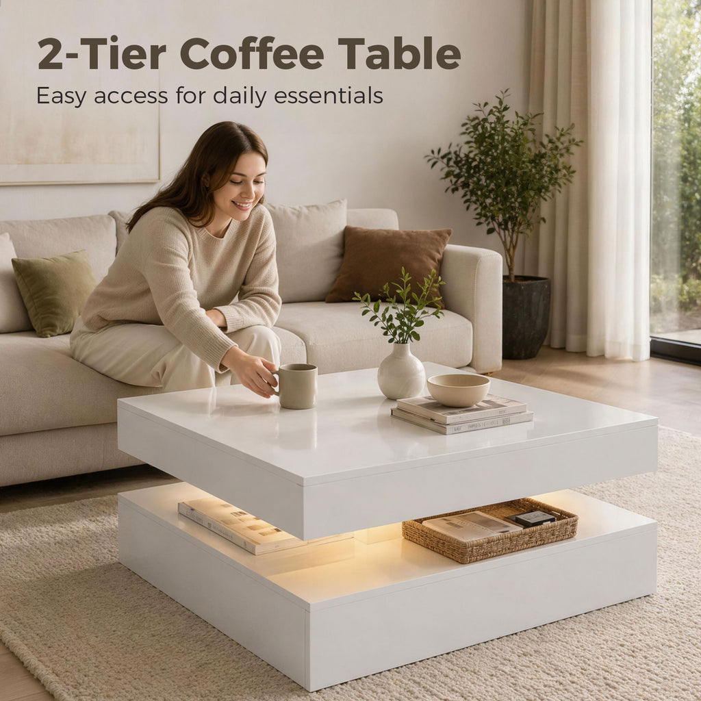 LED Coffee Table with Storage, 2-Tier Modern Center Table with Open Shelf and Remote for Living Room, High Gloss White