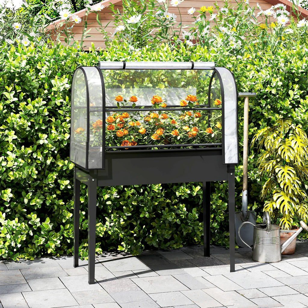 Raised Garden Bed with Flip-Up Greenhouse Cover, Metal Elevated Garden Bed with Legs and Drainage Hole, Black