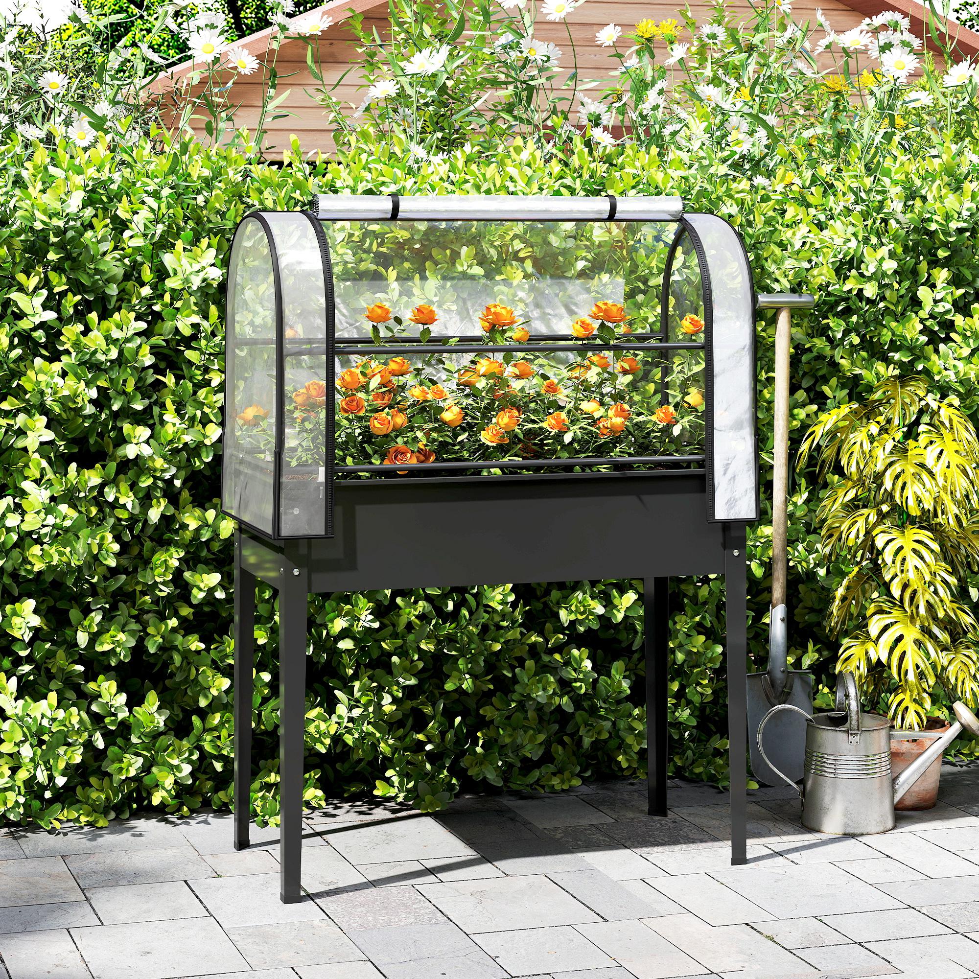 Raised Garden Bed with Flip-Up Greenhouse Cover, Metal Elevated Garden Bed with Legs and Drainage Hole, Black