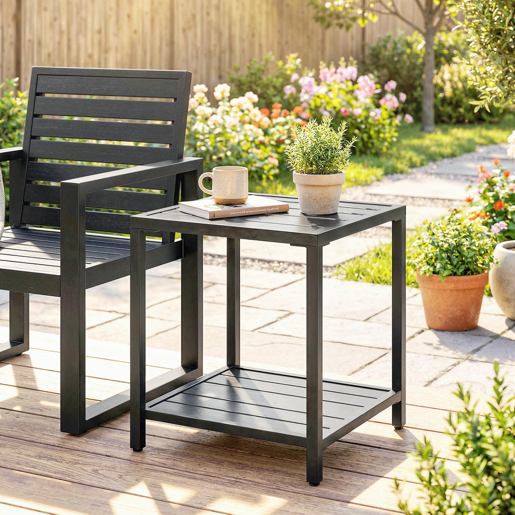 Outdoor Coffee Table 2-Tier Patio Coffee Table with Storage Shelf, Adjustable Feet for Garden Balcony Poolside Black