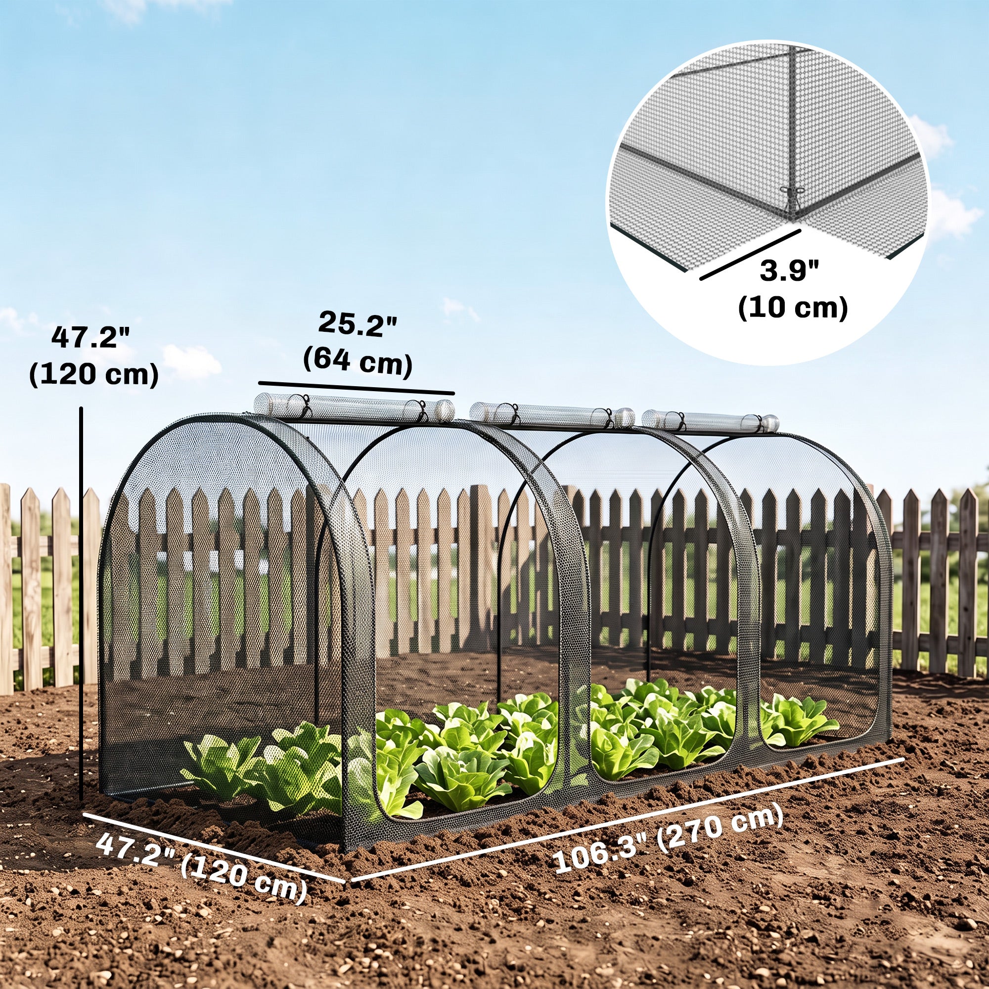 9' x 4' Crop Cage, Garden Plant Protector, with 3 Zippered Doors and 4 Ground Stakes, for Garden, Yard, Lawn, Black