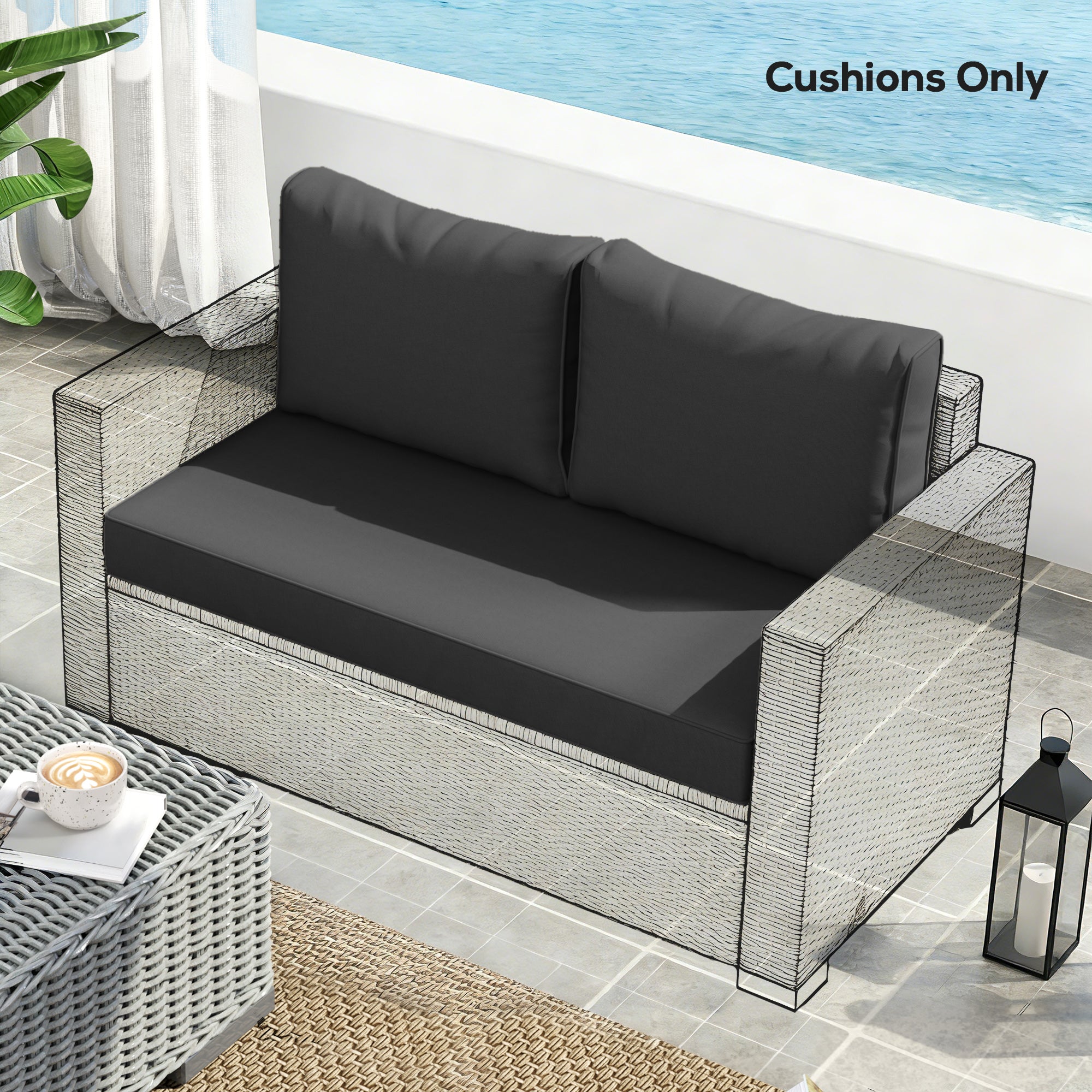 2 Seater Outdoor Seat Cushions with Backrest, Loveseat Double Sofa Outdoor Furniture Cushions, Black