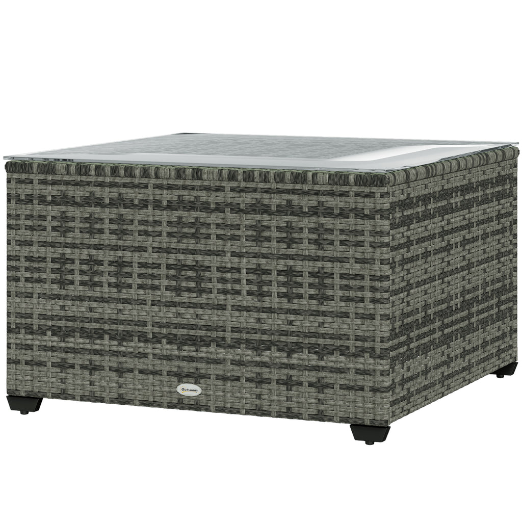 24.4" Patio Wicker Coffee Table, PE Rattan Outdoor Side Table with Tempered Glass Top, Light Grey