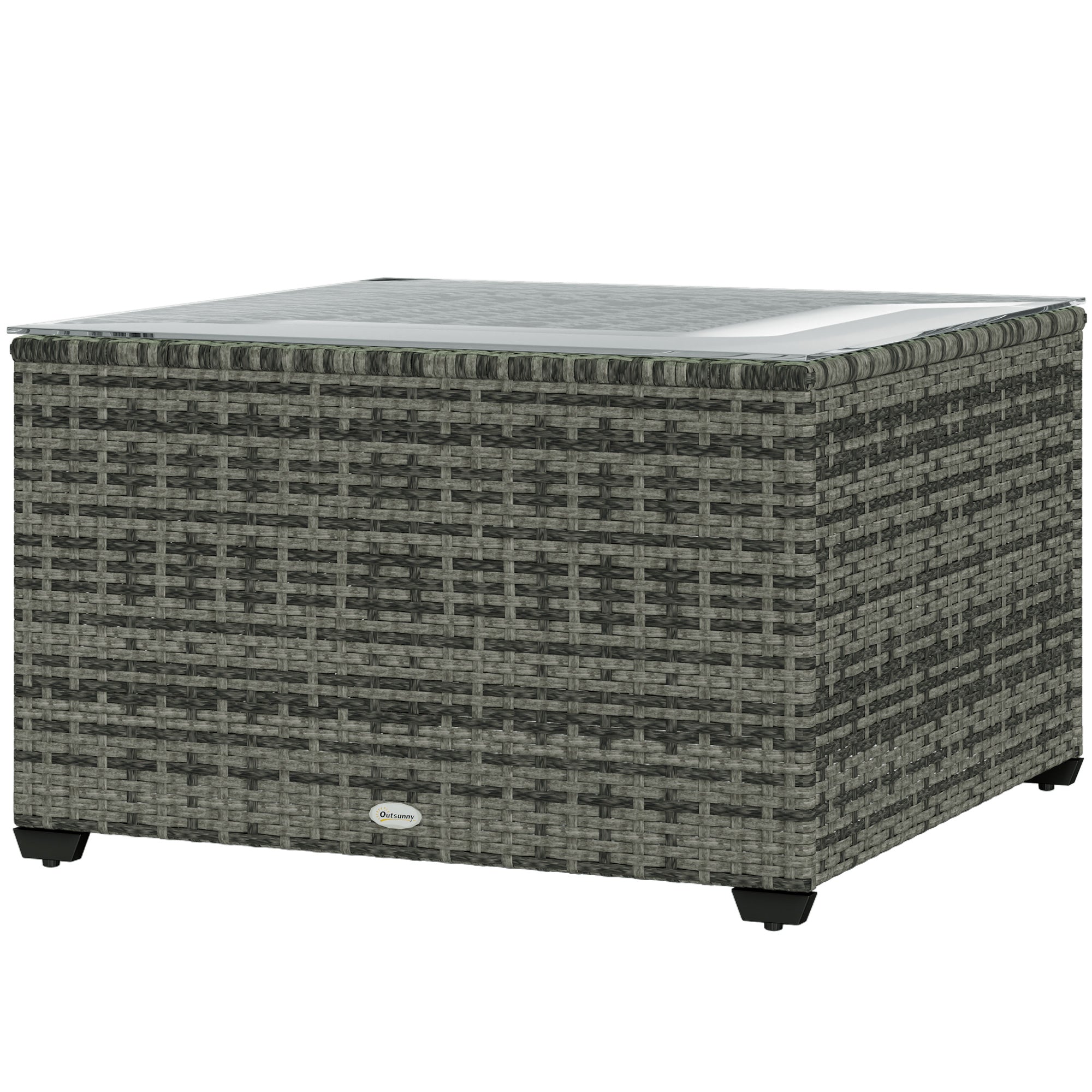 24.4" Patio Wicker Coffee Table, PE Rattan Outdoor Side Table with Tempered Glass Top, Light Grey