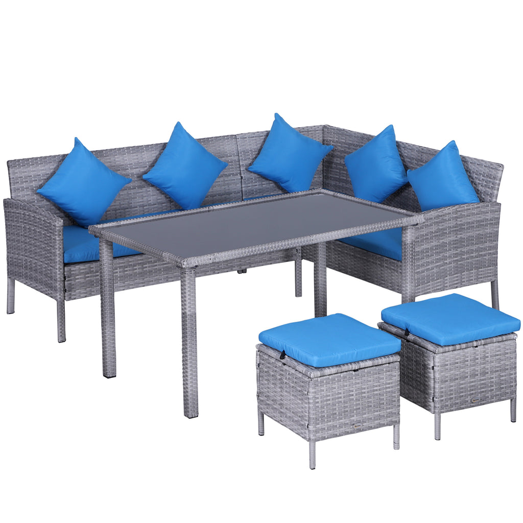 5 Pieces Wicker Patio Conversation Dining Furniture Set with Cushions, Table and Ottomans, Bright Blue