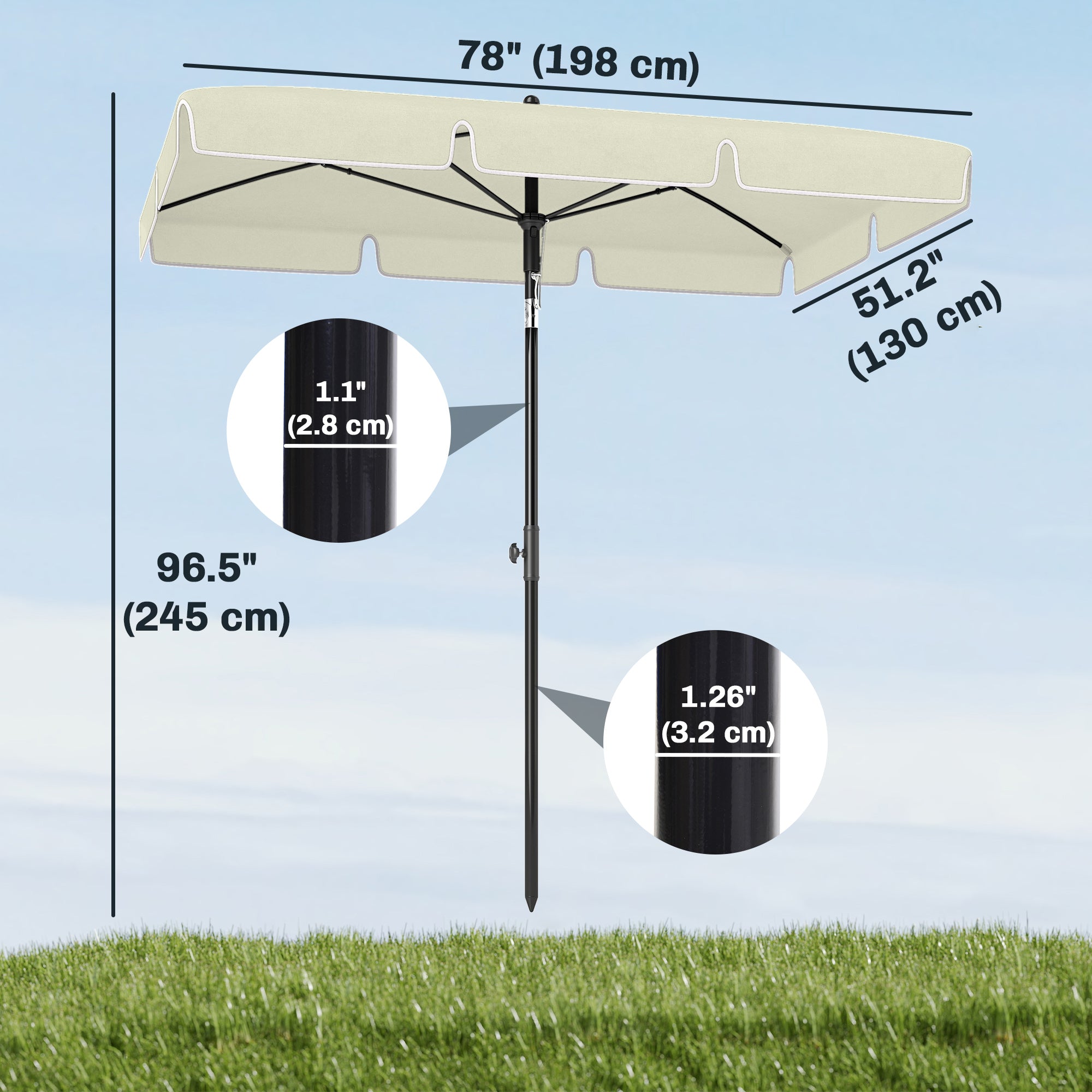 6.5x4ft Rectangle Patio Umbrella Aluminum Tilt Adjustable Garden Parasol  Sun Shade Outdoor Canopy Cream White