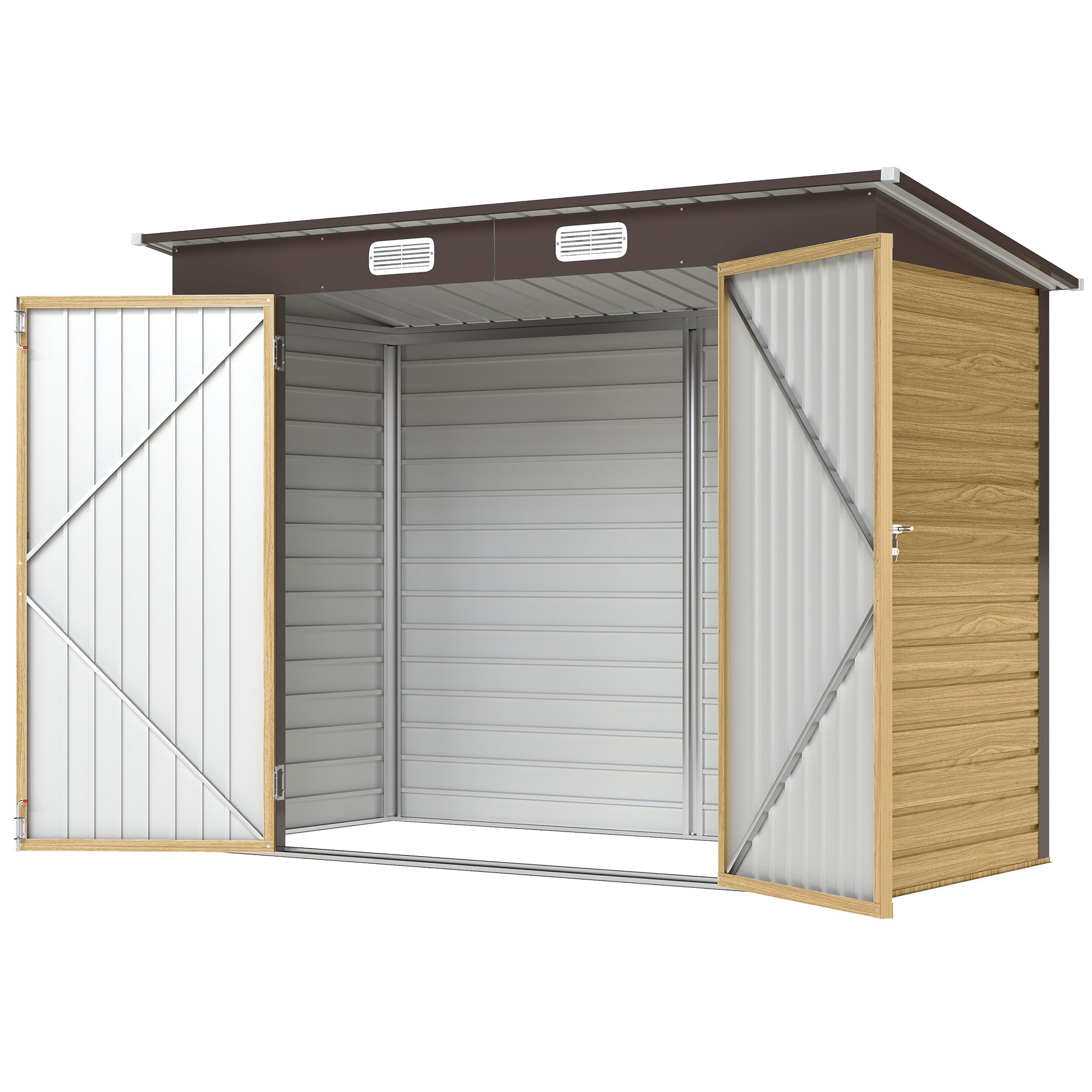 8 x 4FT Galvanized Garden Storage Shed, Metal Outdoor Shed with Double Doors and 2 Vents, Oak