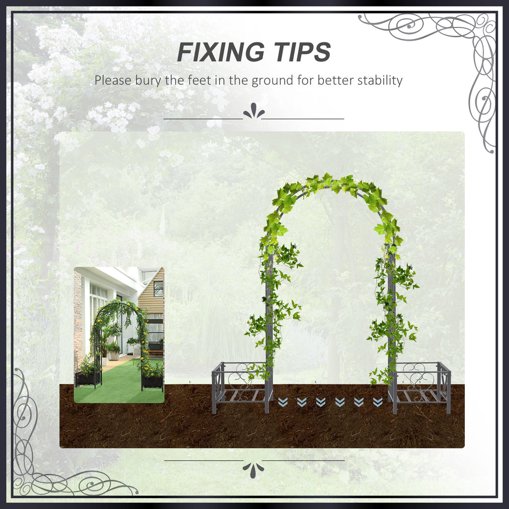 7FT Metal Garden Arch with 2 Planter Boxes, Decorative Outdoor Walkway Arbor for Climbing Vine Plants for Patio Backyard Lawn Party Ceremony, Dark Grey