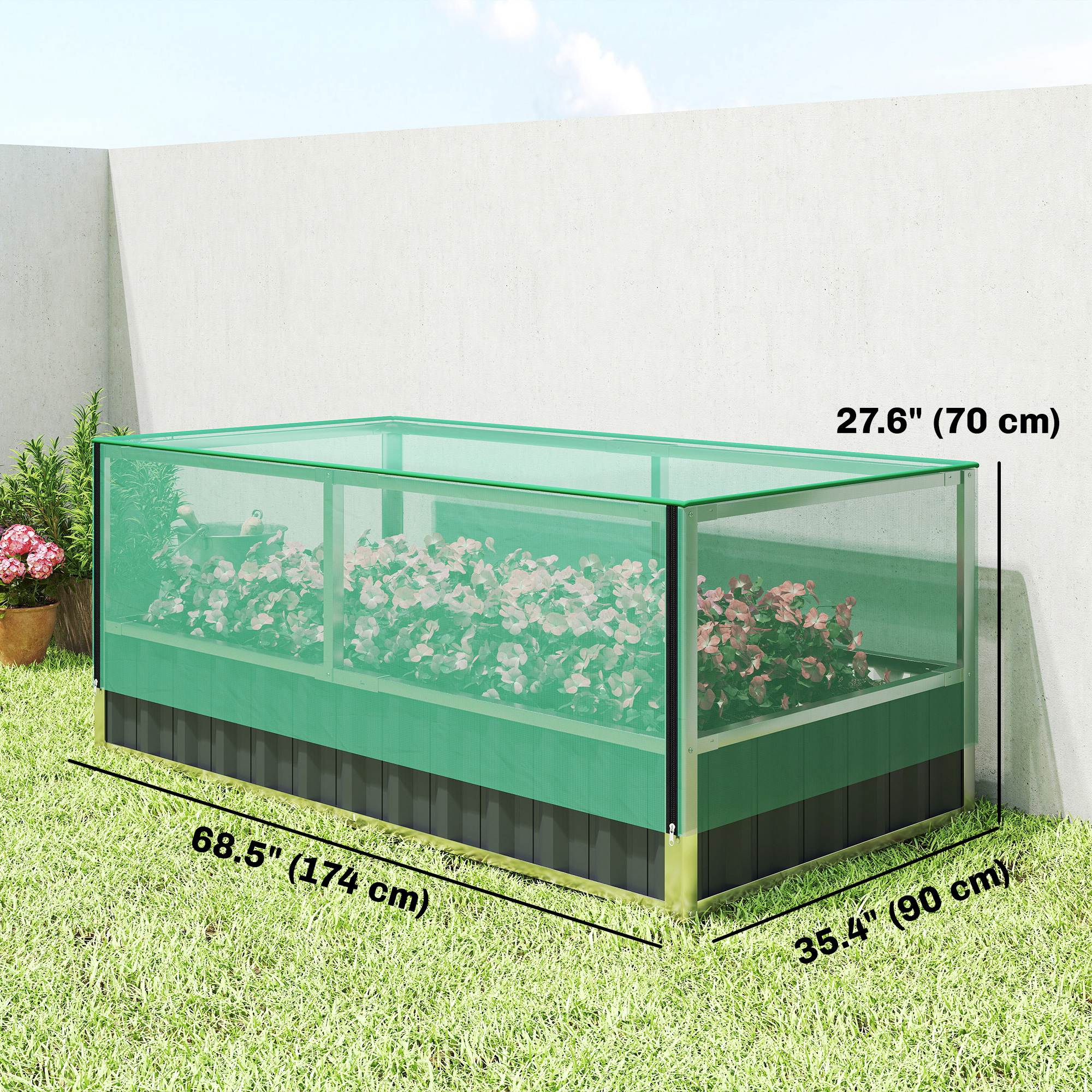Raised Garden Bed, 5.7 x 3 x 2.3ft Steel Planter Box Outdoor with Cover, Gloves, Dark Grey