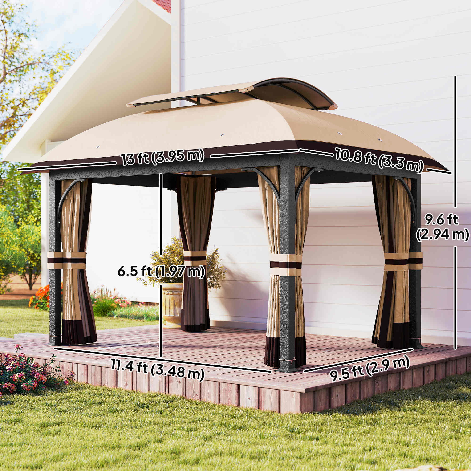 11'Â xÂ 13' Patio Gazebo, Double Roof Outdoor Gazebo Canopy with Netting & Curtains, Galvanized Metal Frame, Khaki