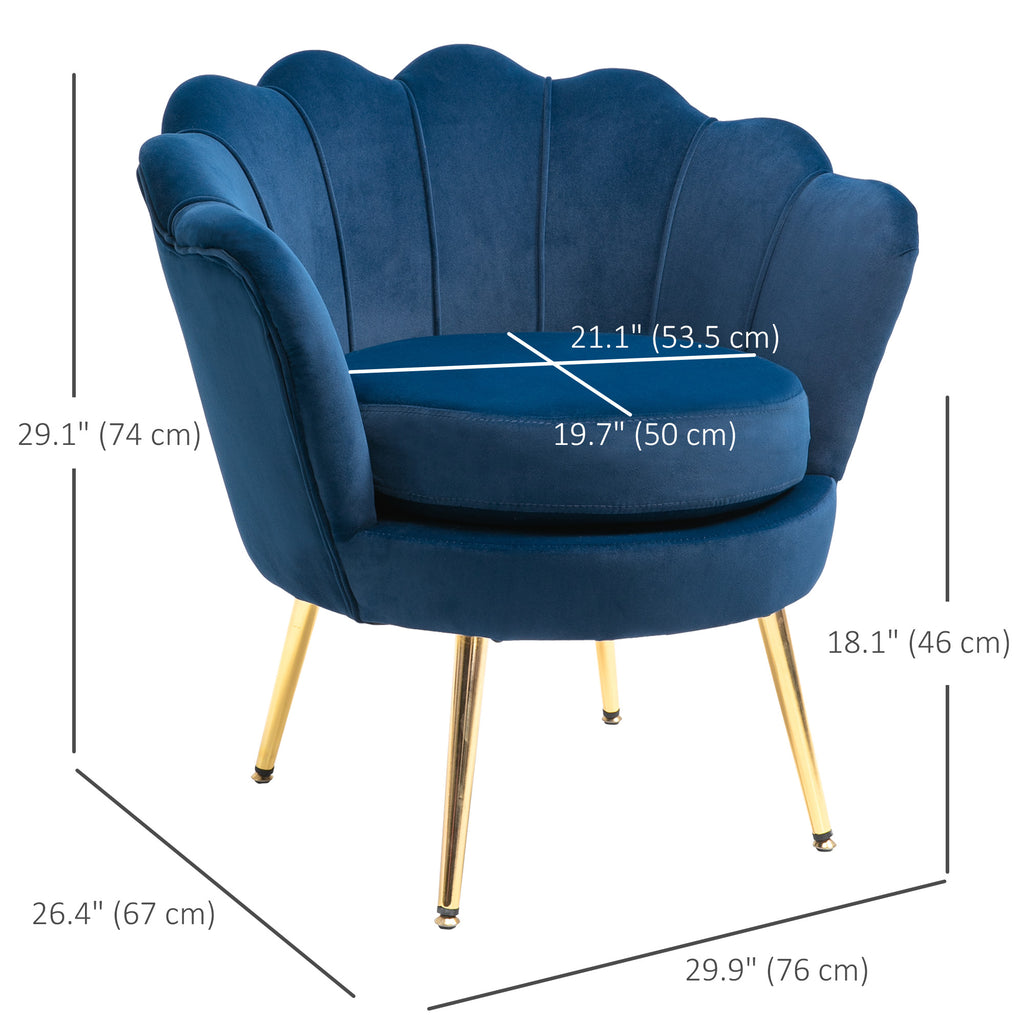 Modern Accent Chair, Velvet-Touch Fabric Leisure Club Chair with Gold Metal Legs for Bedroom, Blue