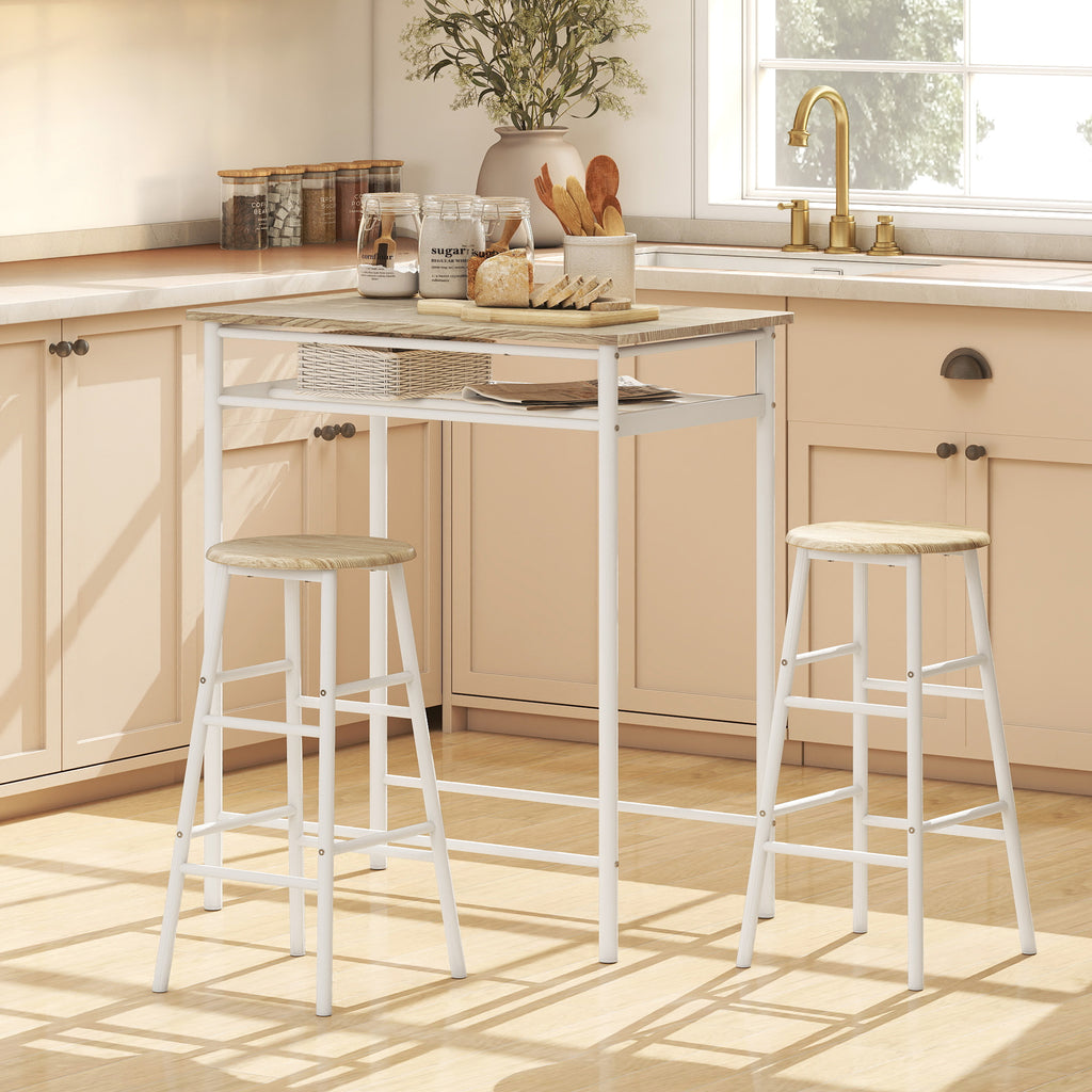 3 Piece Counter Height Bar Table Set with 1 Table, 2 Matching Stools, Dining Table Set with Storage Shelf and Metal Frame Footrest, White and Oak