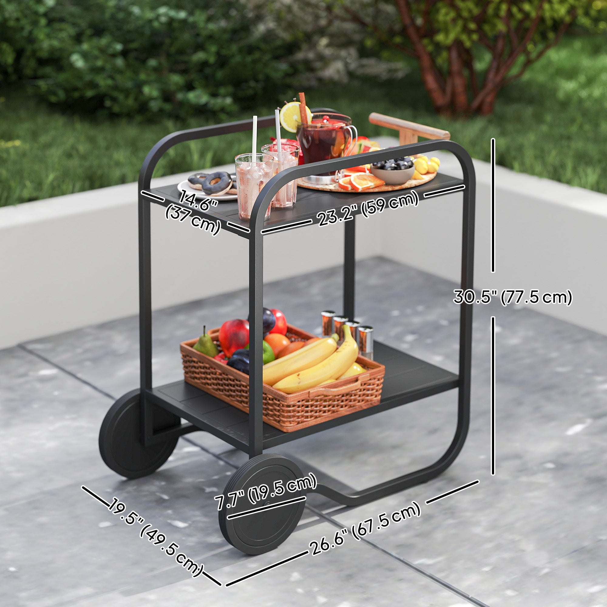 Outdoor Grill Cart with Storage, 2-Tier Bar Cart on Wheels with Side Handle, Steel Frame for Indoor Outdoor, Black