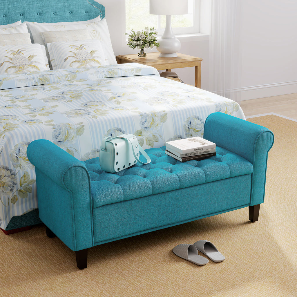 50 Inches Storage Ottoman, Upholstered Bedroom Bench with Rolled Arms and Button Tufted Storage, Teal