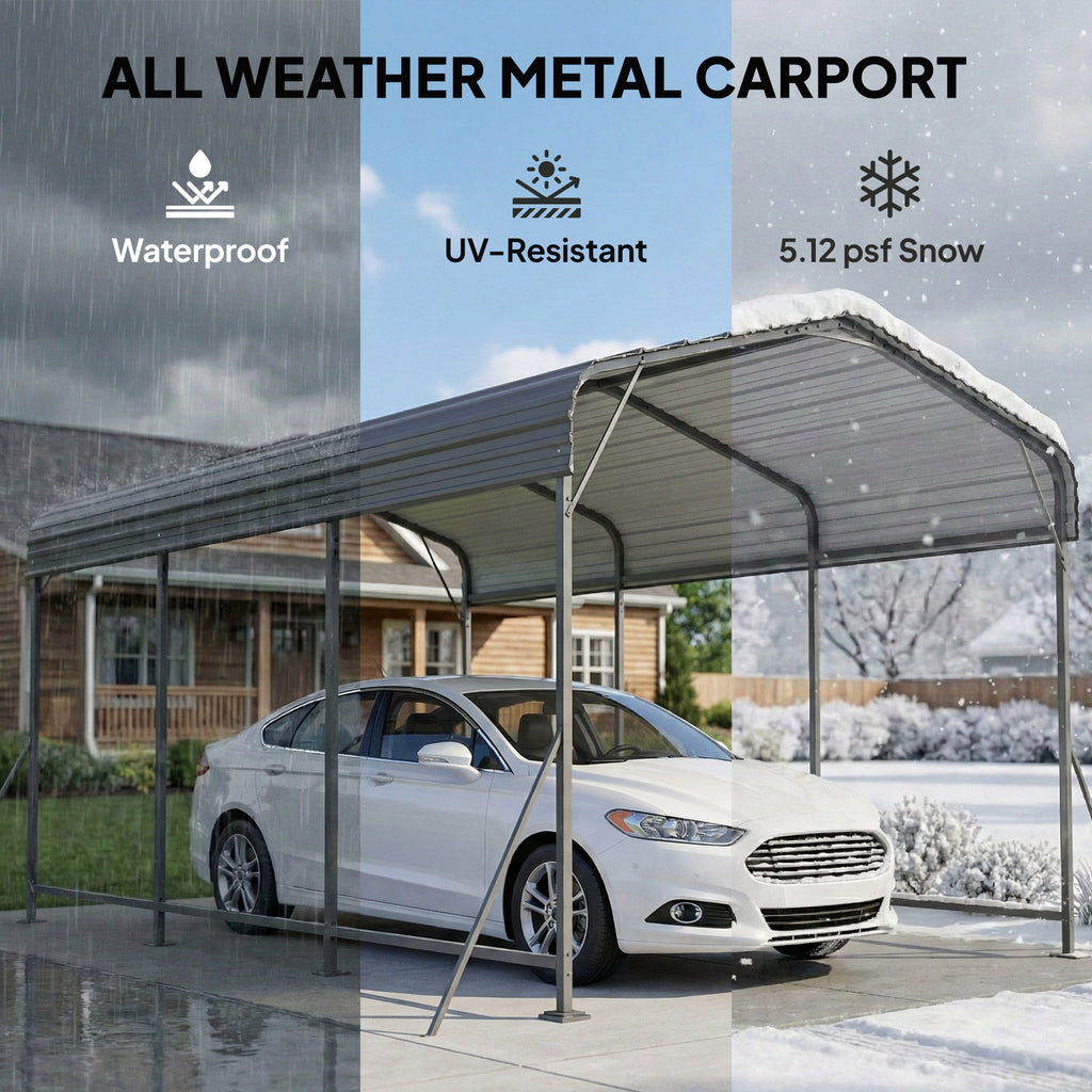 10 x 15FT Metal Carport, Heavy-Duty Carport Canopy with Reinforced Frame & Galvanized Steel Roof, Dark Grey